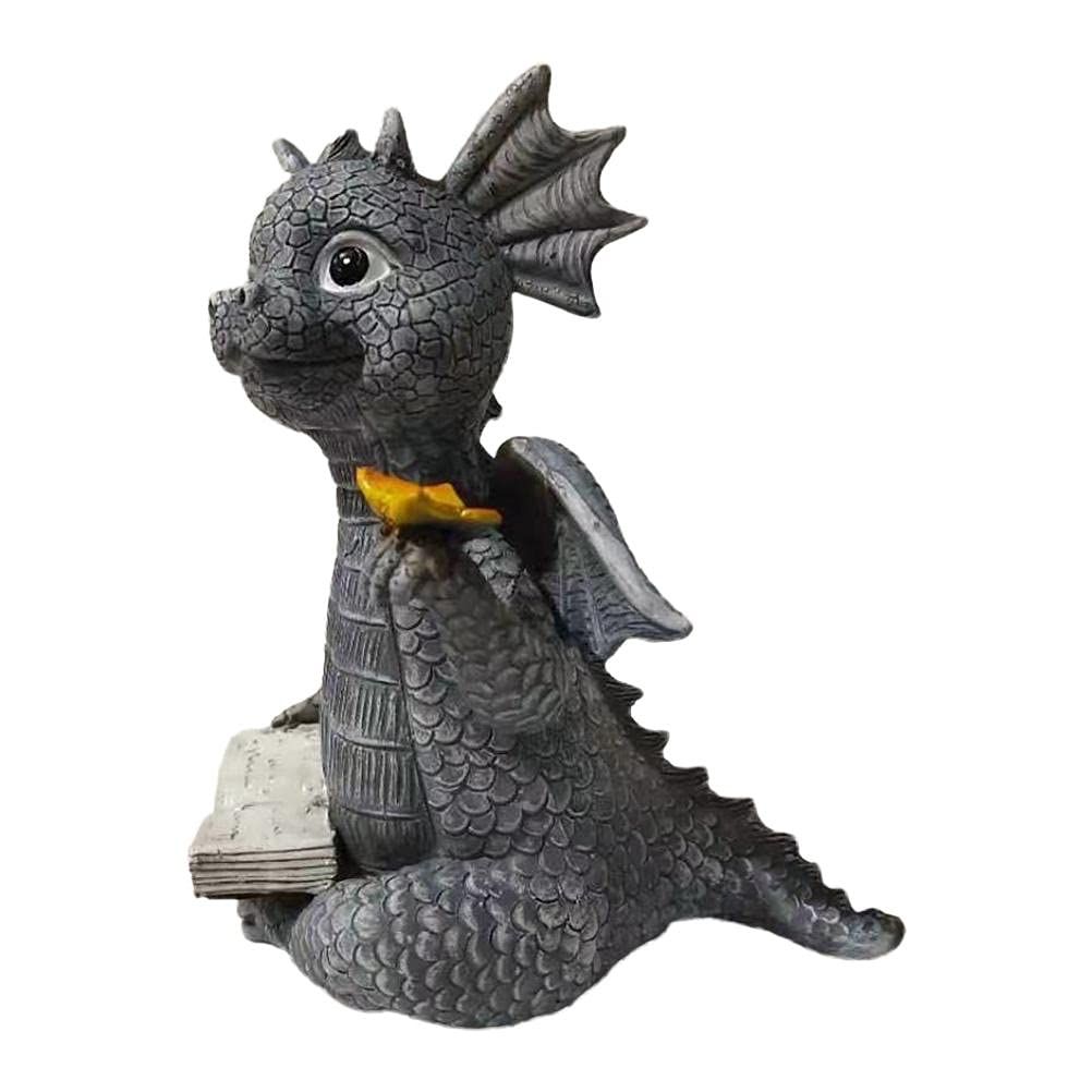 Dragon Statue, Baby Dragon Reading Book Statue, Dinosaur Holding Butterfly view 3