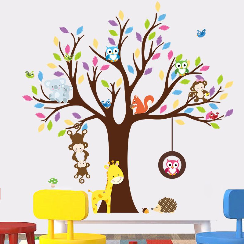 Cartoon Animal Monkey Owl Tree Wallpaper Wall Stickers for Home/Kids view 3