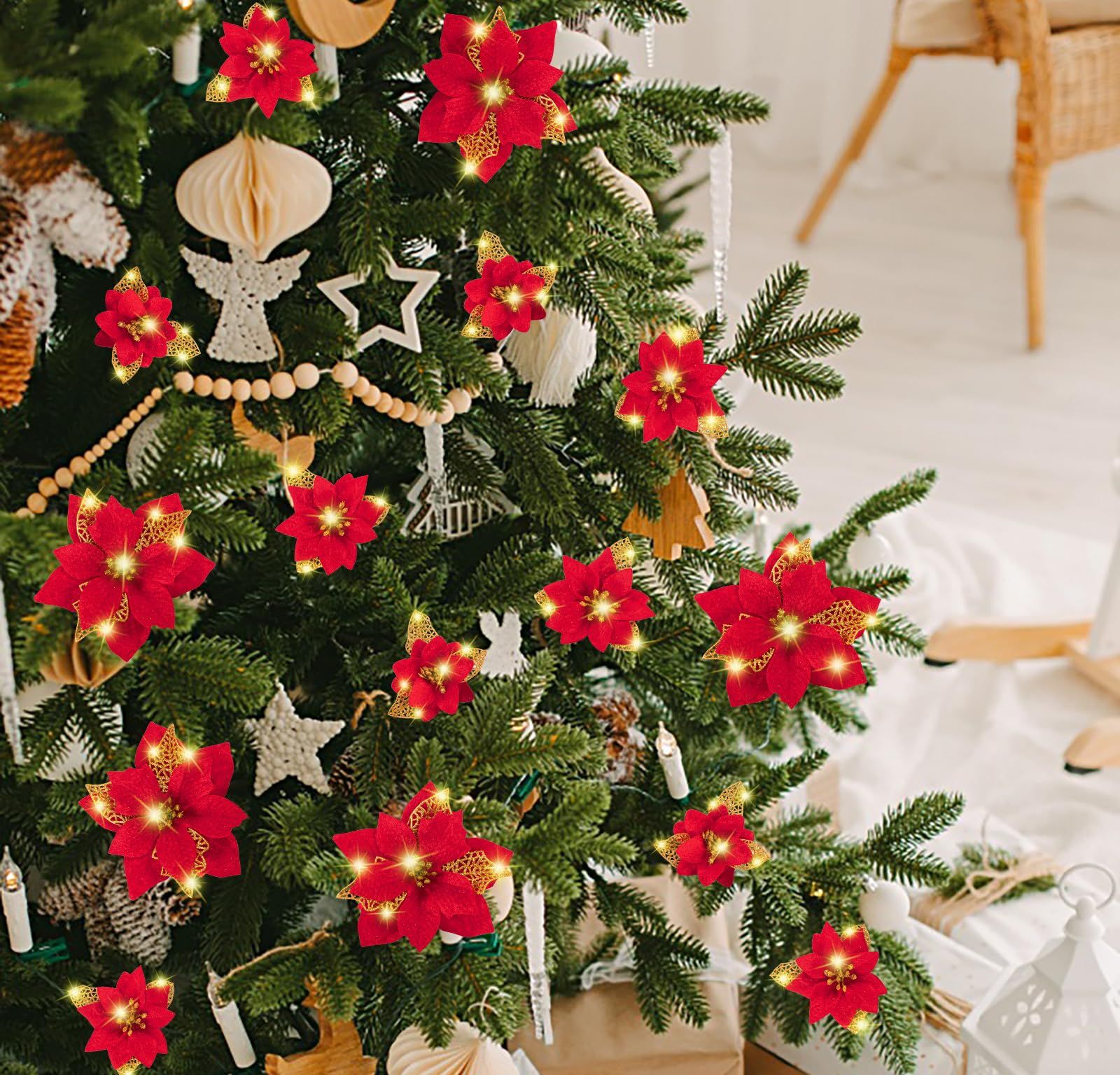 28PCS Christmas Tree Decorations: Poinsettias Artificial Flowers Ornaments view 2