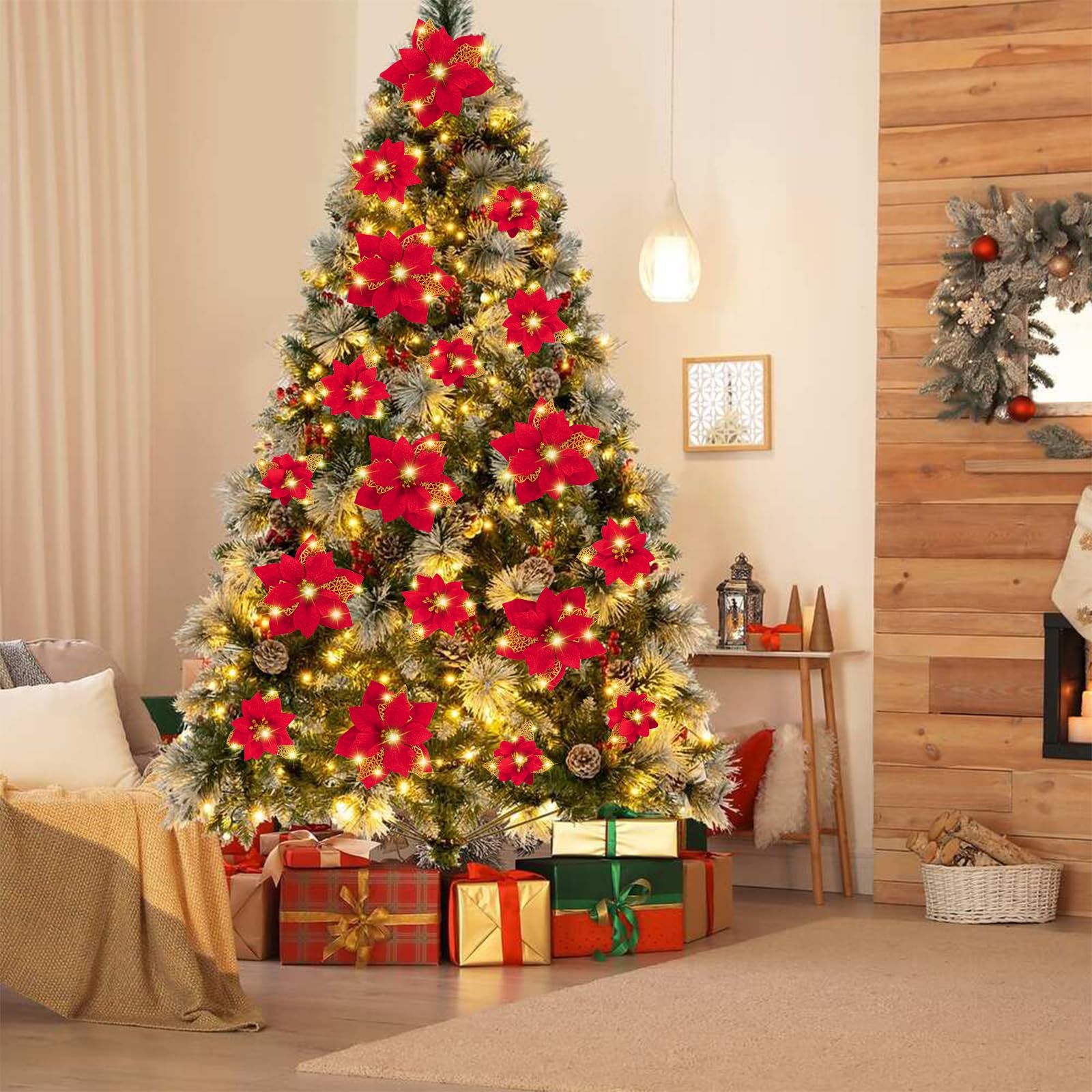 28PCS Christmas Tree Decorations: Poinsettias Artificial Flowers Ornaments view 3