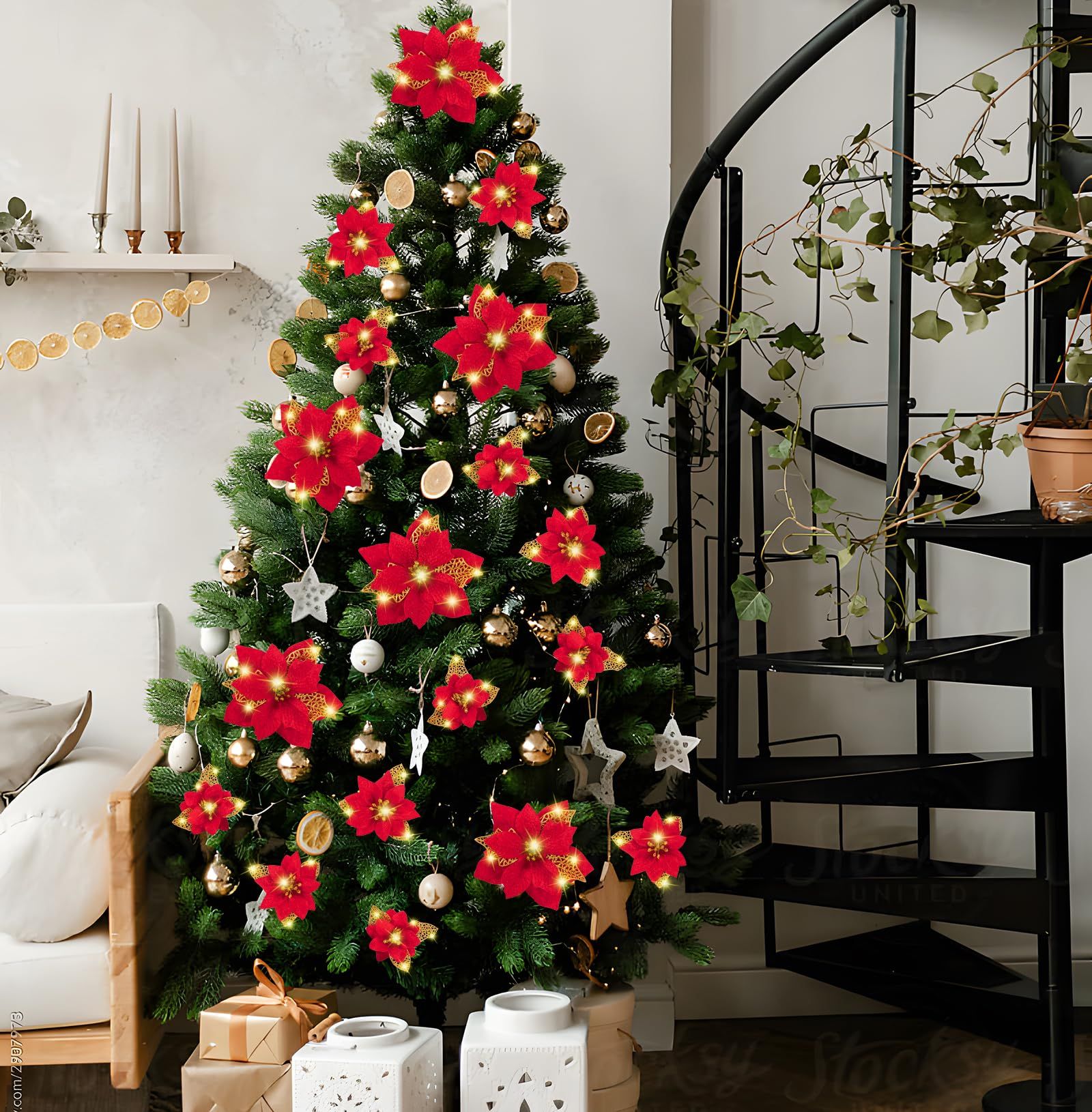 28PCS Christmas Tree Decorations: Poinsettias Artificial Flowers Ornaments view 4
