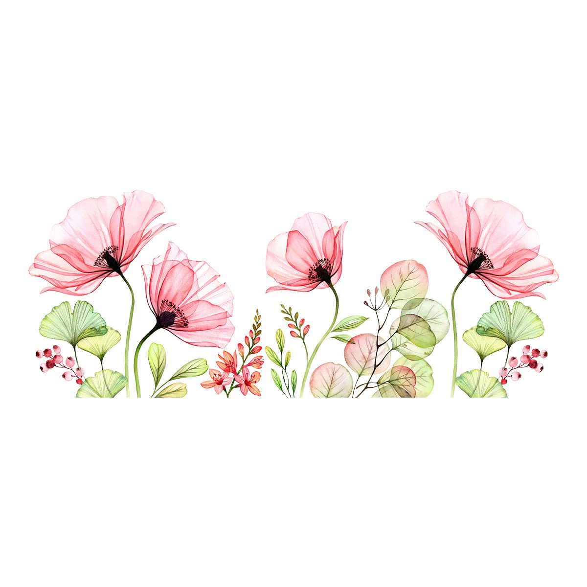 Poppy Flowers Wall Stickers Floral Leaf Wall Art Decals Living Room Bedroom — image 1