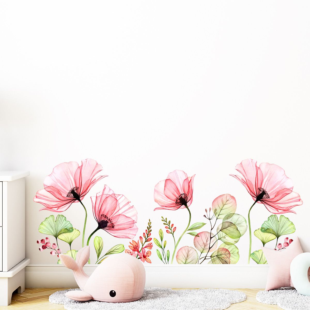 Poppy Flowers Wall Stickers Floral Leaf Wall Art Decals Living Room Bedroom view 2