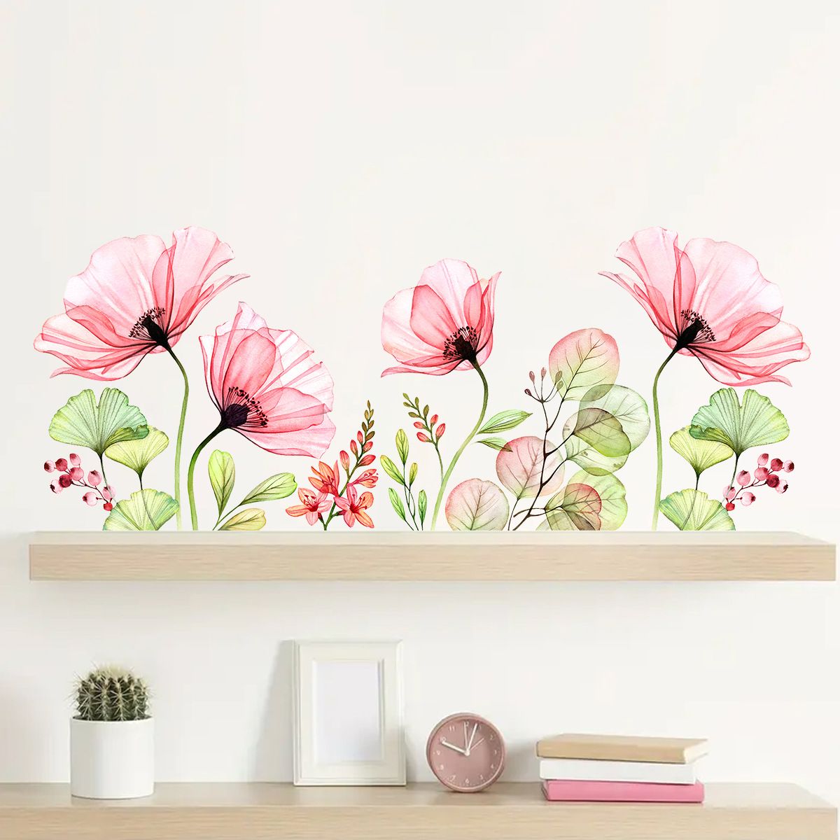 Poppy Flowers Wall Stickers Floral Leaf Wall Art Decals Living Room Bedroom view 4