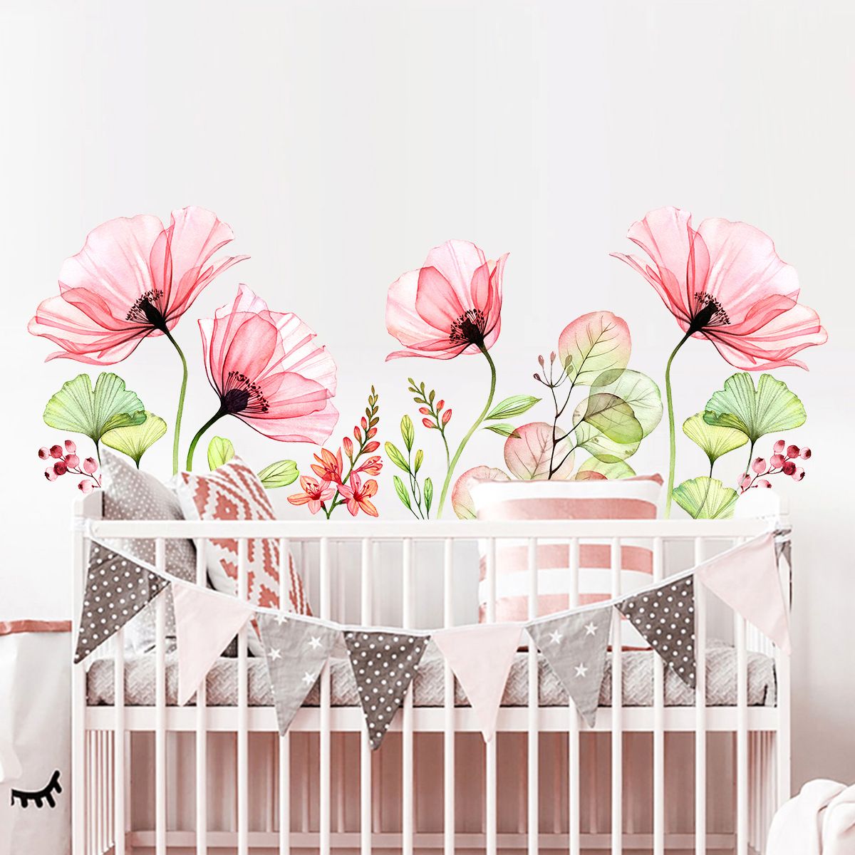 Poppy Flowers Wall Stickers Floral Leaf Wall Art Decals Living Room Bedroom view 5