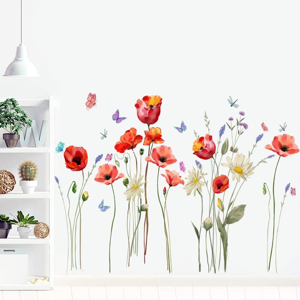 Poppy Flowers Wall Art Stickers Butterfly Floral Wall Decals Living Room — image 1