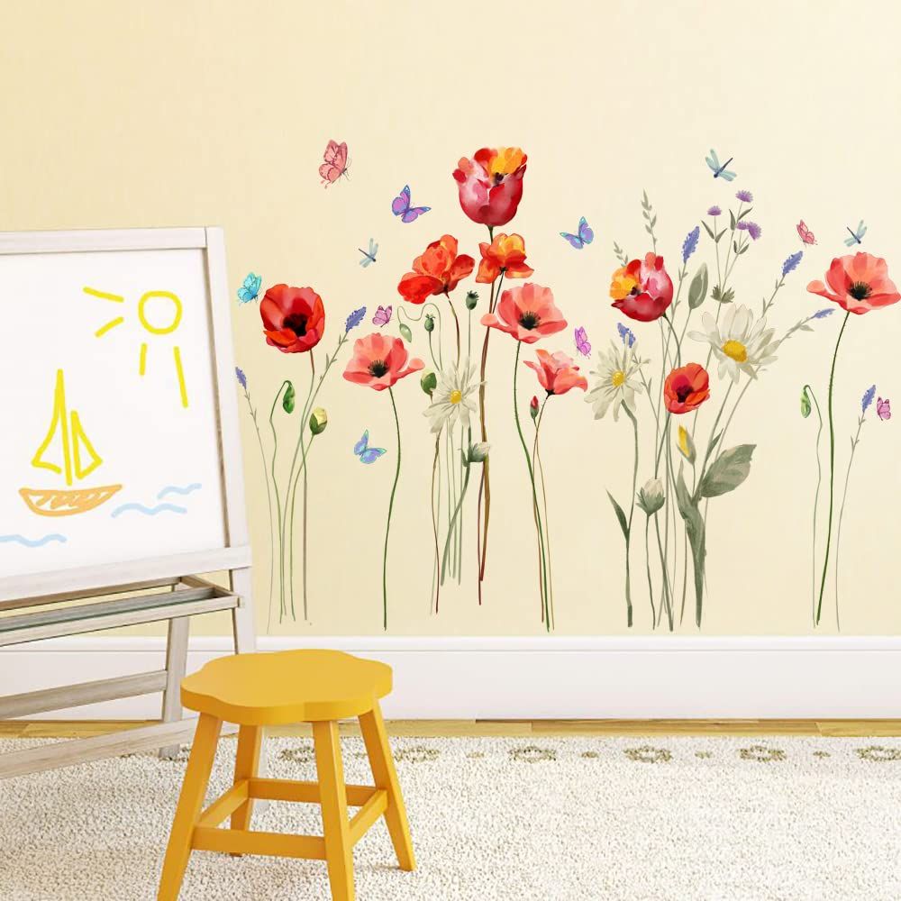 Poppy Flowers Wall Art Stickers Butterfly Floral Wall Decals Living Room view 2