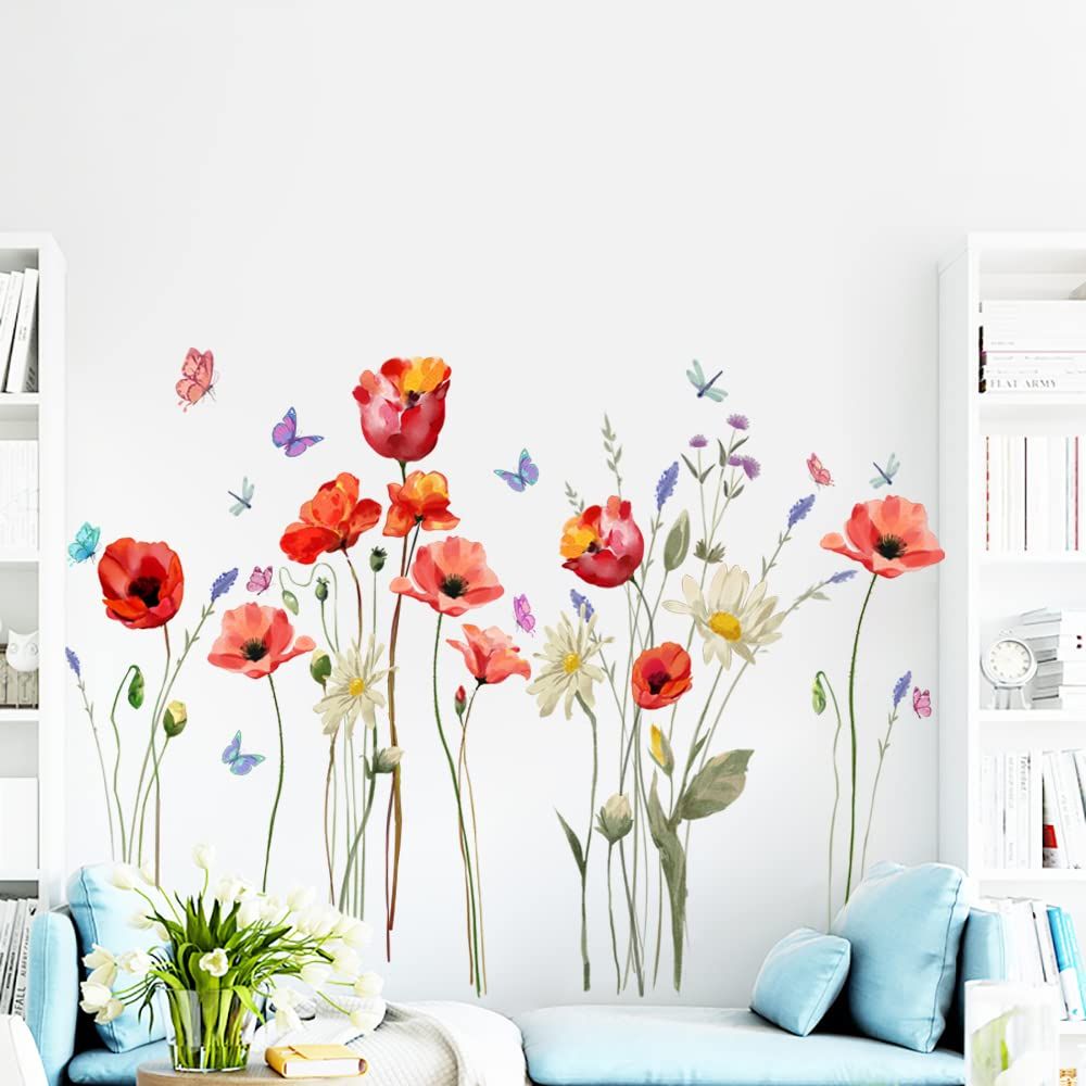 Poppy Flowers Wall Art Stickers Butterfly Floral Wall Decals Living Room view 3