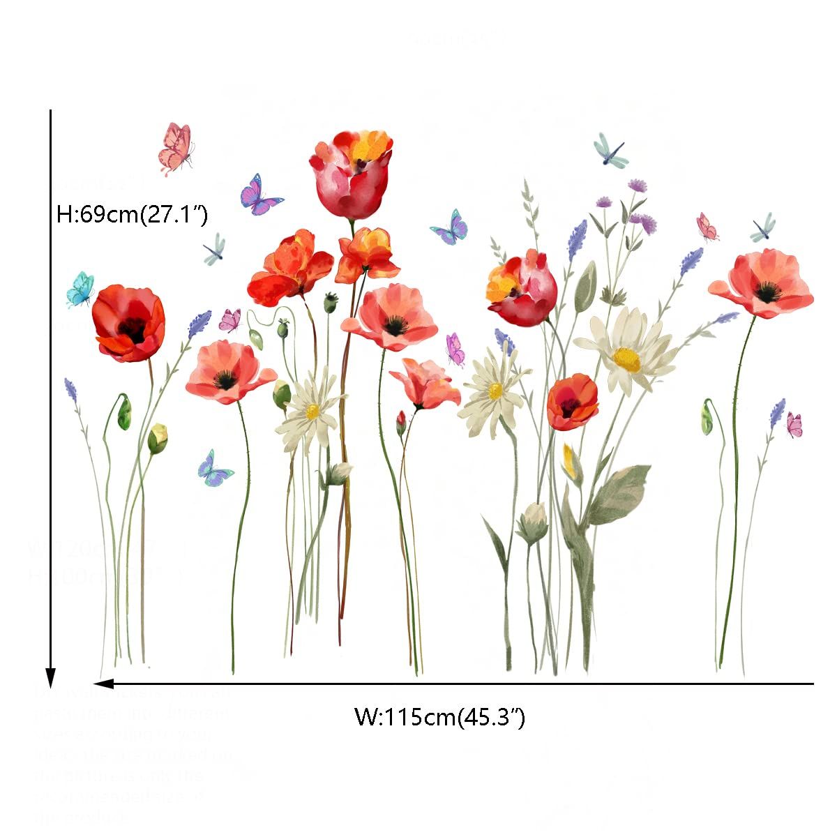 Poppy Flowers Wall Art Stickers Butterfly Floral Wall Decals Living Room view 4
