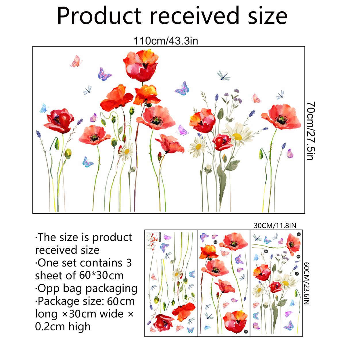 Poppy Flowers Wall Art Stickers Butterfly Floral Wall Decals Living Room view 5