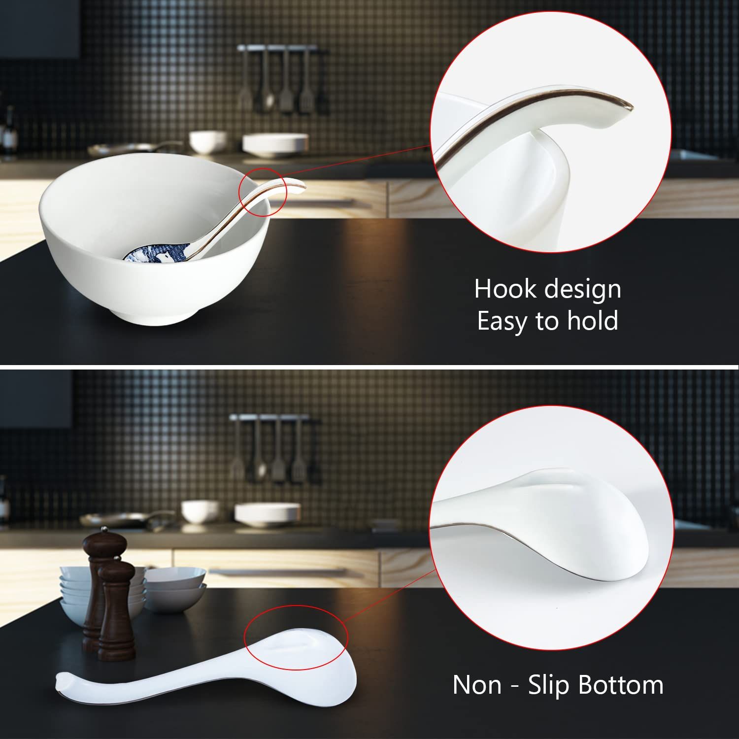 4pc Ceramic Soup Spoon, with Long Handle Easy to Hold, Non-slip Bottom, for view 3