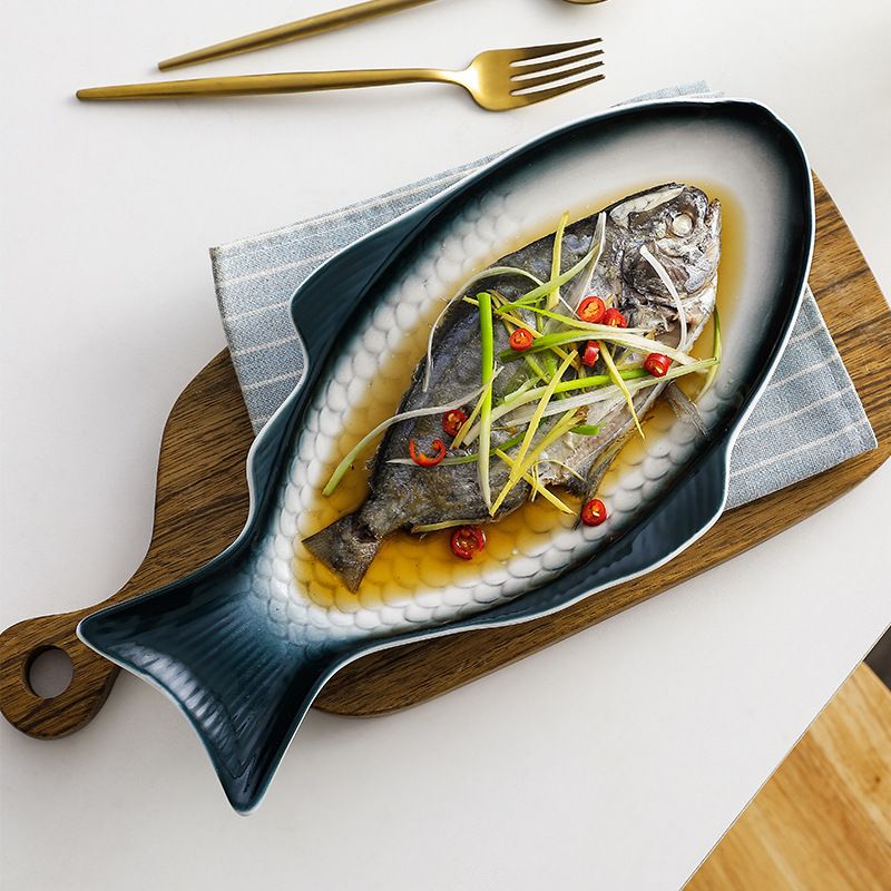 Fish Plate Ceramic Serving Platter Dish Fish Shape Textured Serving Dish Food view 3