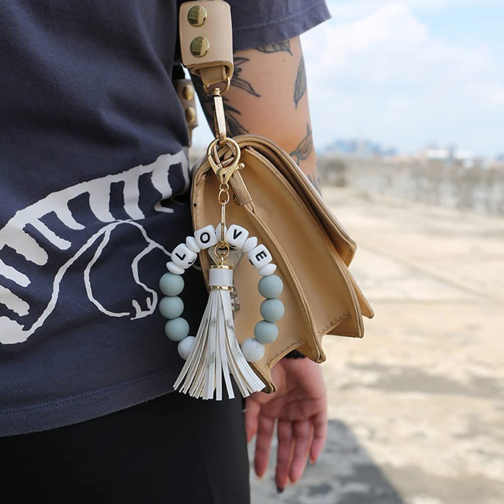 Silicone Keychain Ring for Women Keyring Bracelet Bangle with Tassel Car view 3