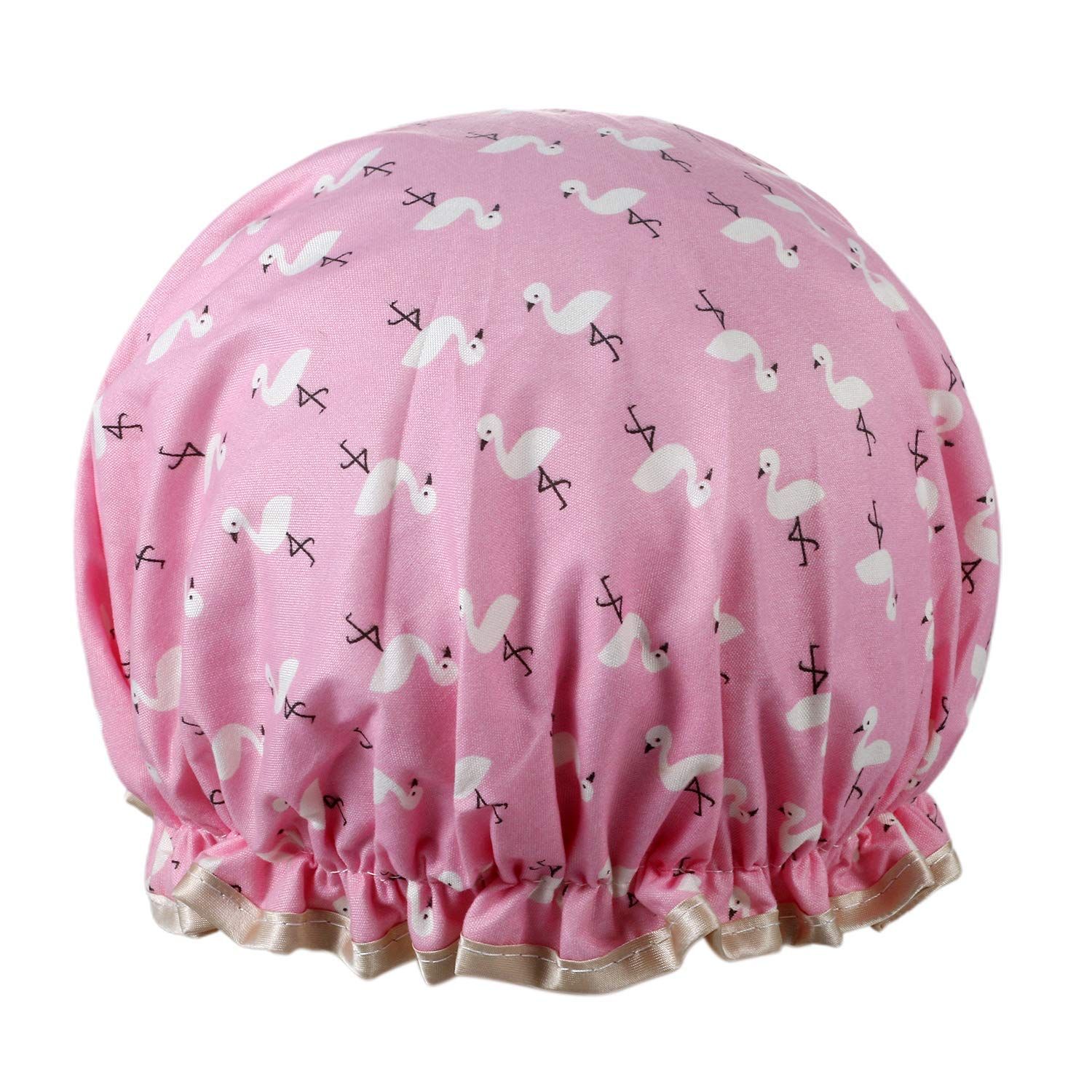 Shower Cap Lined Double Layer Waterproof Hair Bath Caps with Lace Elastic Band