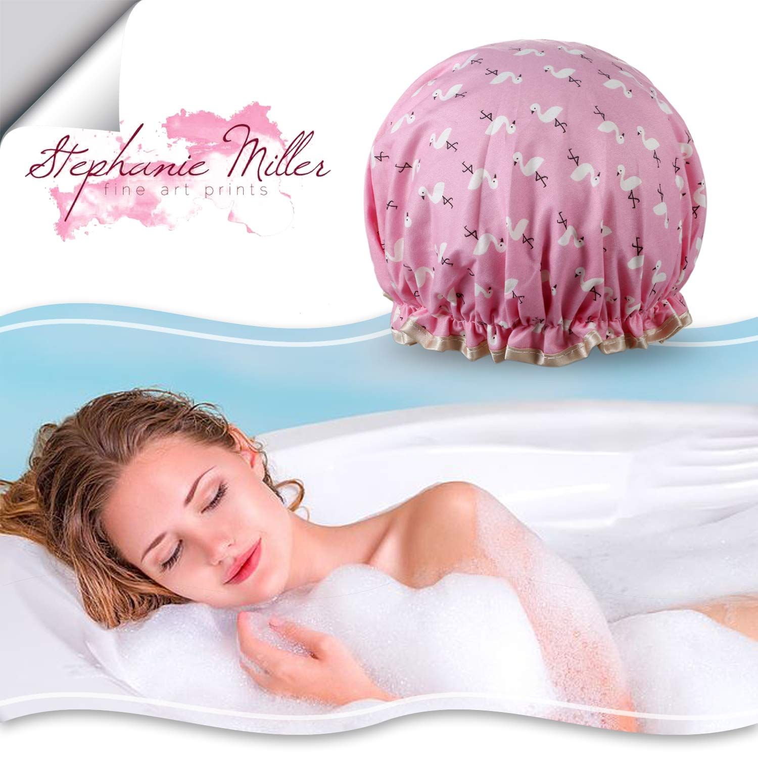 Shower Cap Lined Double Layer Waterproof Hair Bath Caps with Lace Elastic Band view 4