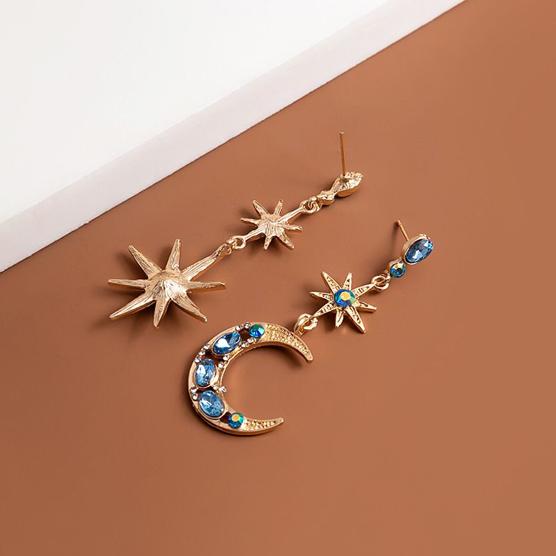 Crescent Moon Star Dangle Earrings view 2