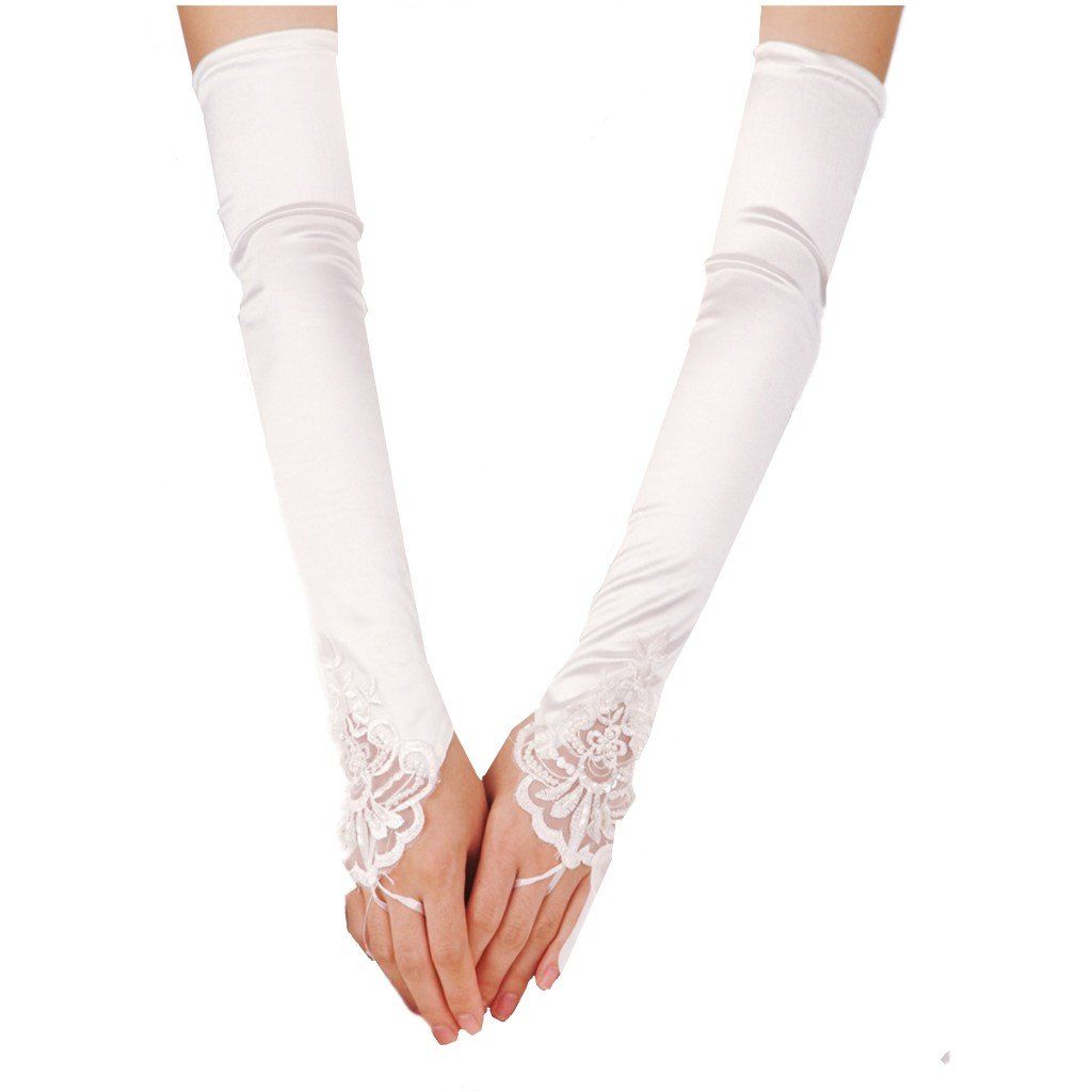 Fingerless Long Gloves Pierced Elbow Length Satin Gloves 19 Inches Stretchy view 2