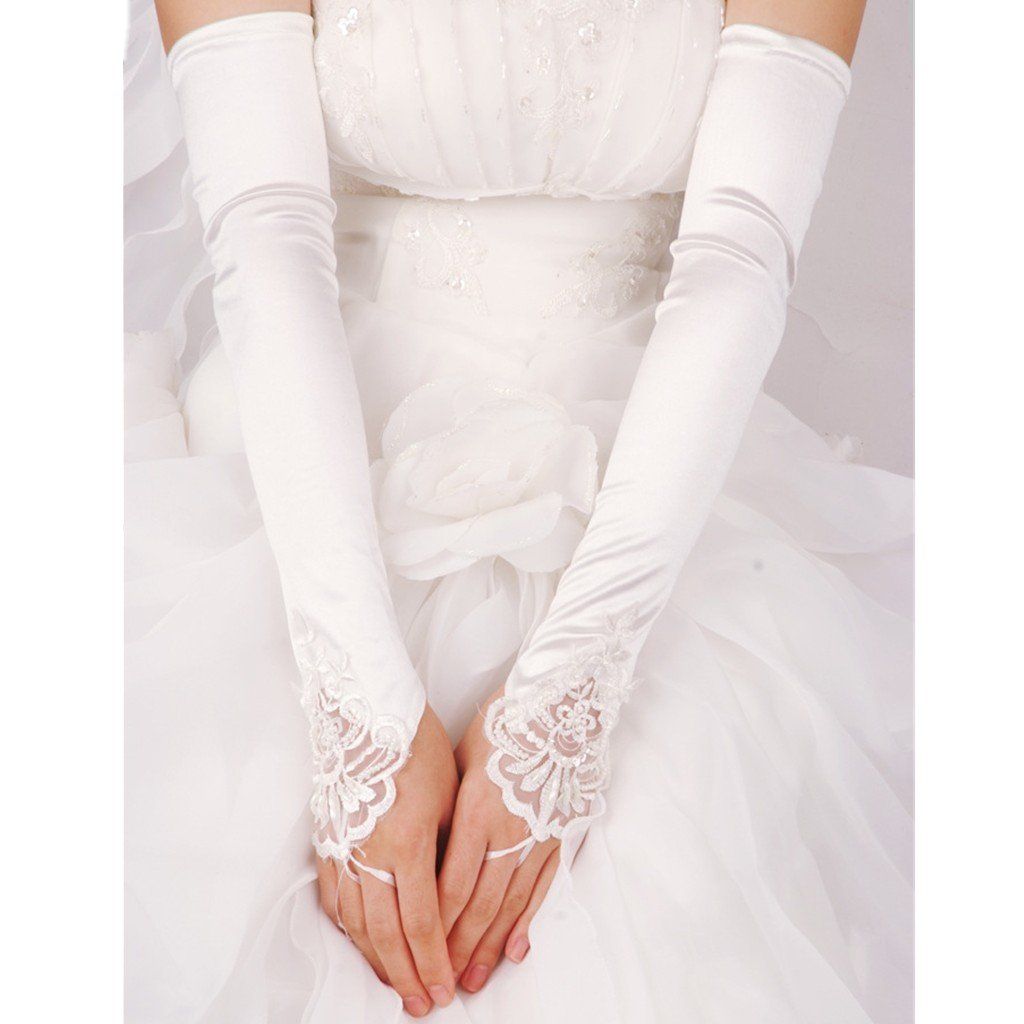 Fingerless Long Gloves Pierced Elbow Length Satin Gloves 19 Inches Stretchy view 3