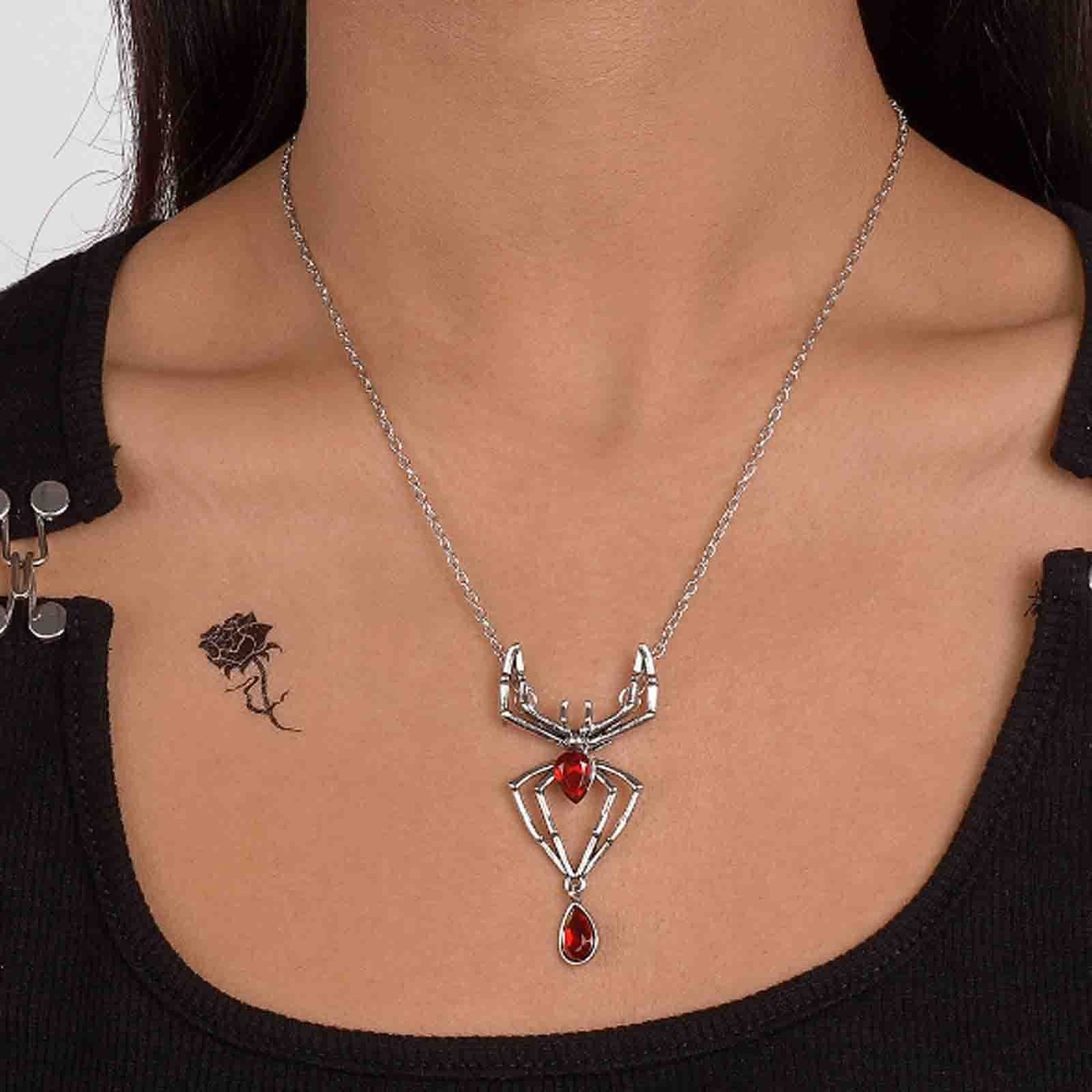 Gothic style red crystal rhinestone spider declaration necklace view 3