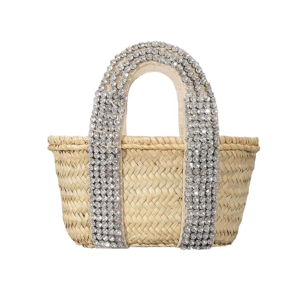 Straw Woven Handbag for Women Sparkling Rhinestone Diamond Summer Beach Purse — image 1