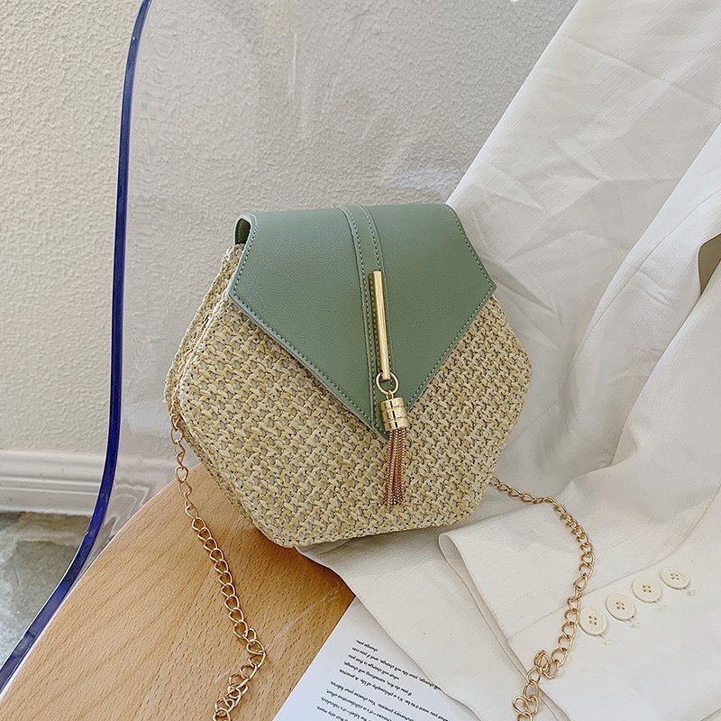 Summer Straw Bag Women Hexagon Chain Crossbody Bag Handmade Woven Shoulder Bag