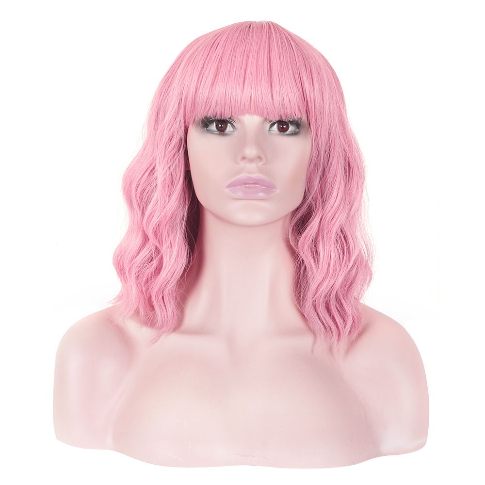 Pink Wig Short Curly Wig with Bangs Light Pink Wig for Women Short Wave Wig