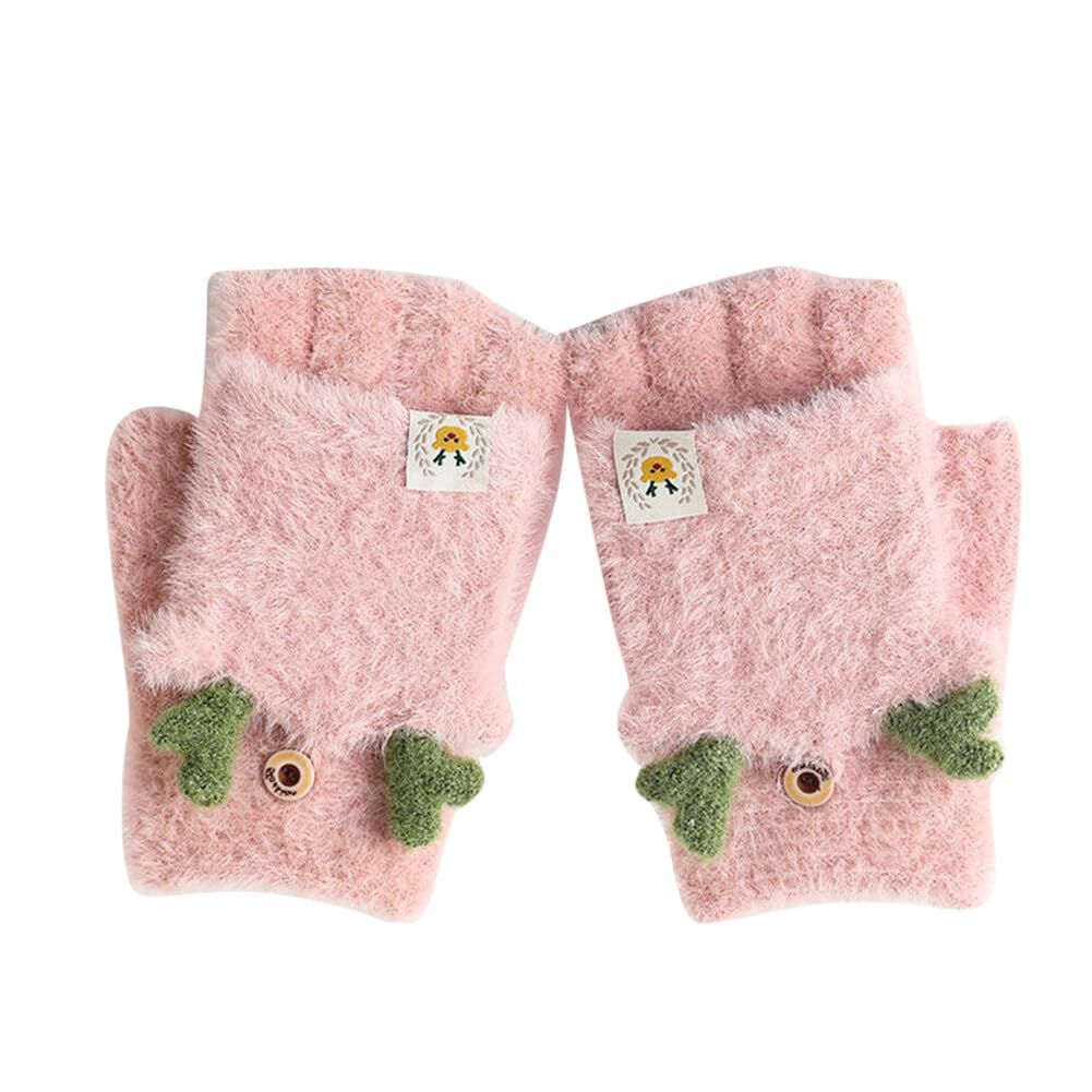 Women Girls Winter Convertible Mittens Half Fingerless Gloves Warm Gloves