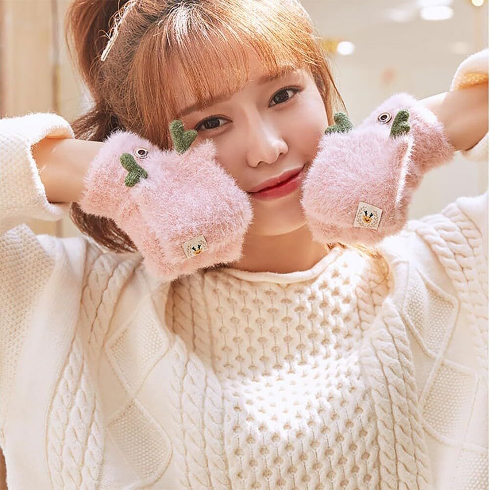 Women Girls Winter Convertible Mittens Half Fingerless Gloves Warm Gloves view 4