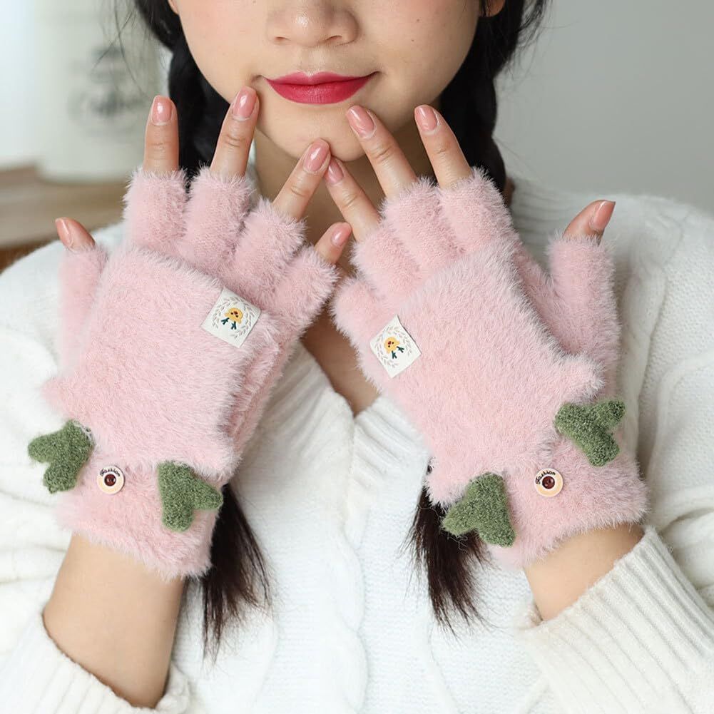 Women Girls Winter Convertible Mittens Half Fingerless Gloves Warm Gloves view 5