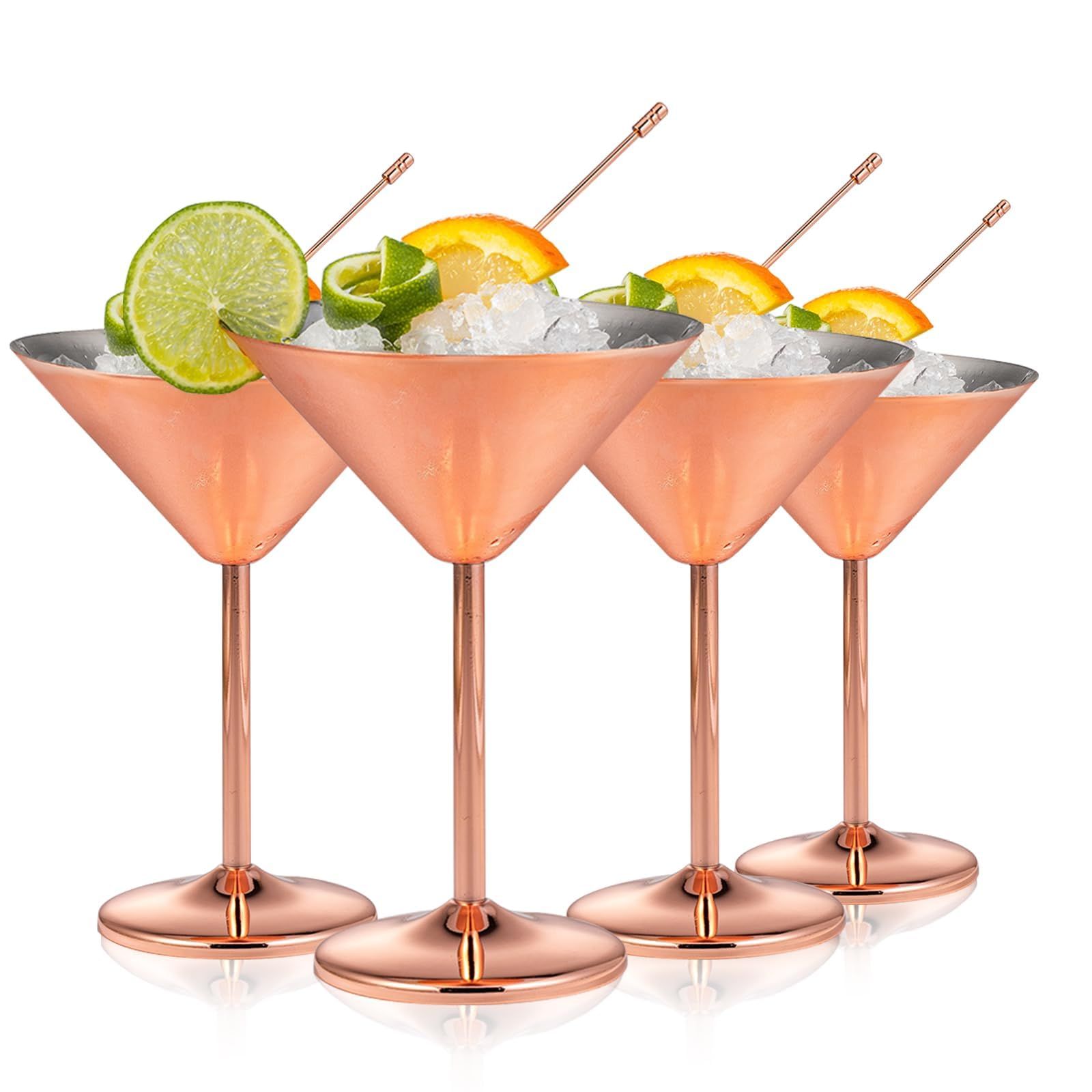 Stainless Steel Martini Glasses Set of 4 with picks， 8oz Unbreakable Martinin