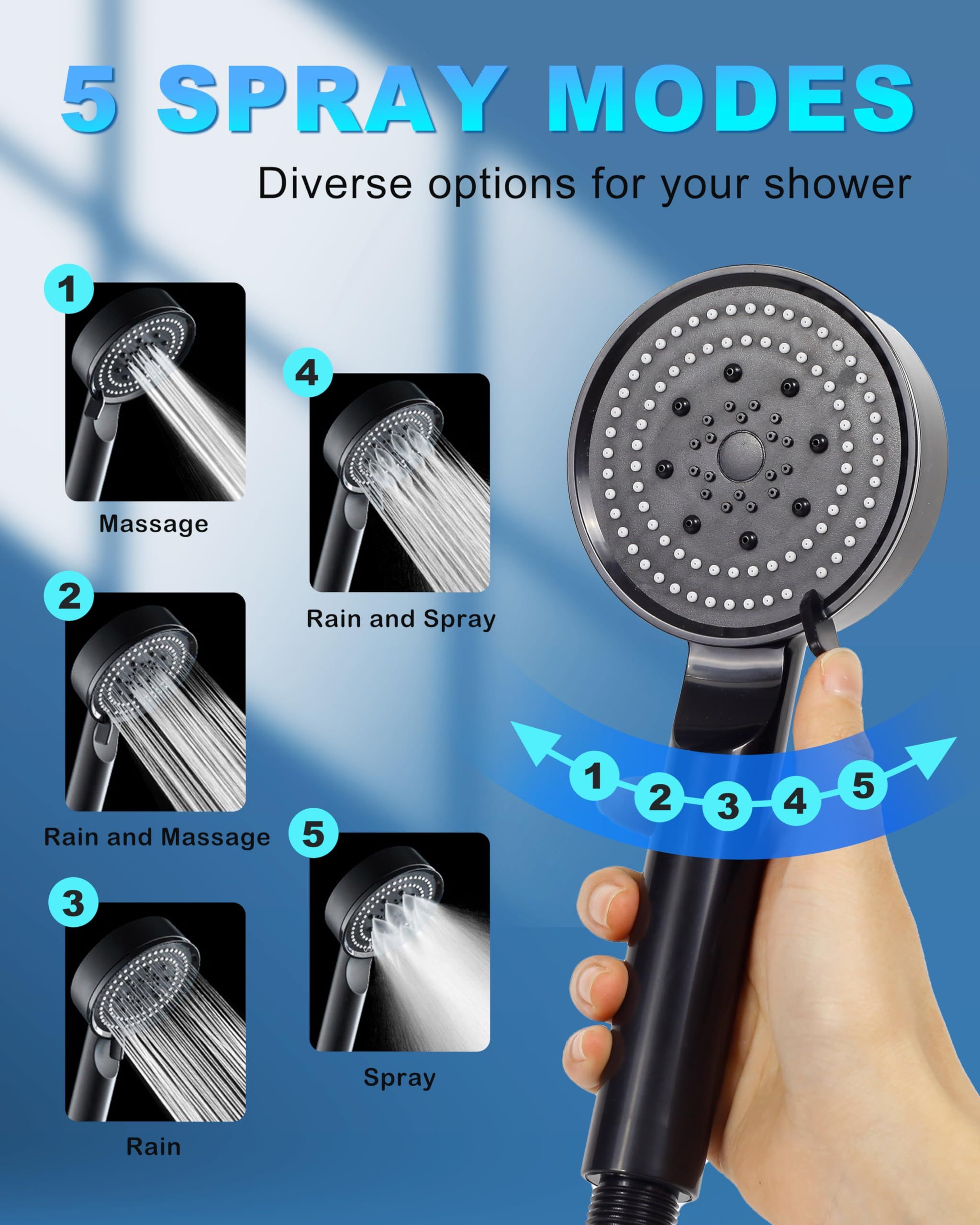 Shower Head with Handheld - 5-Setting Black Handheld Shower Head Anti-Clog view 2