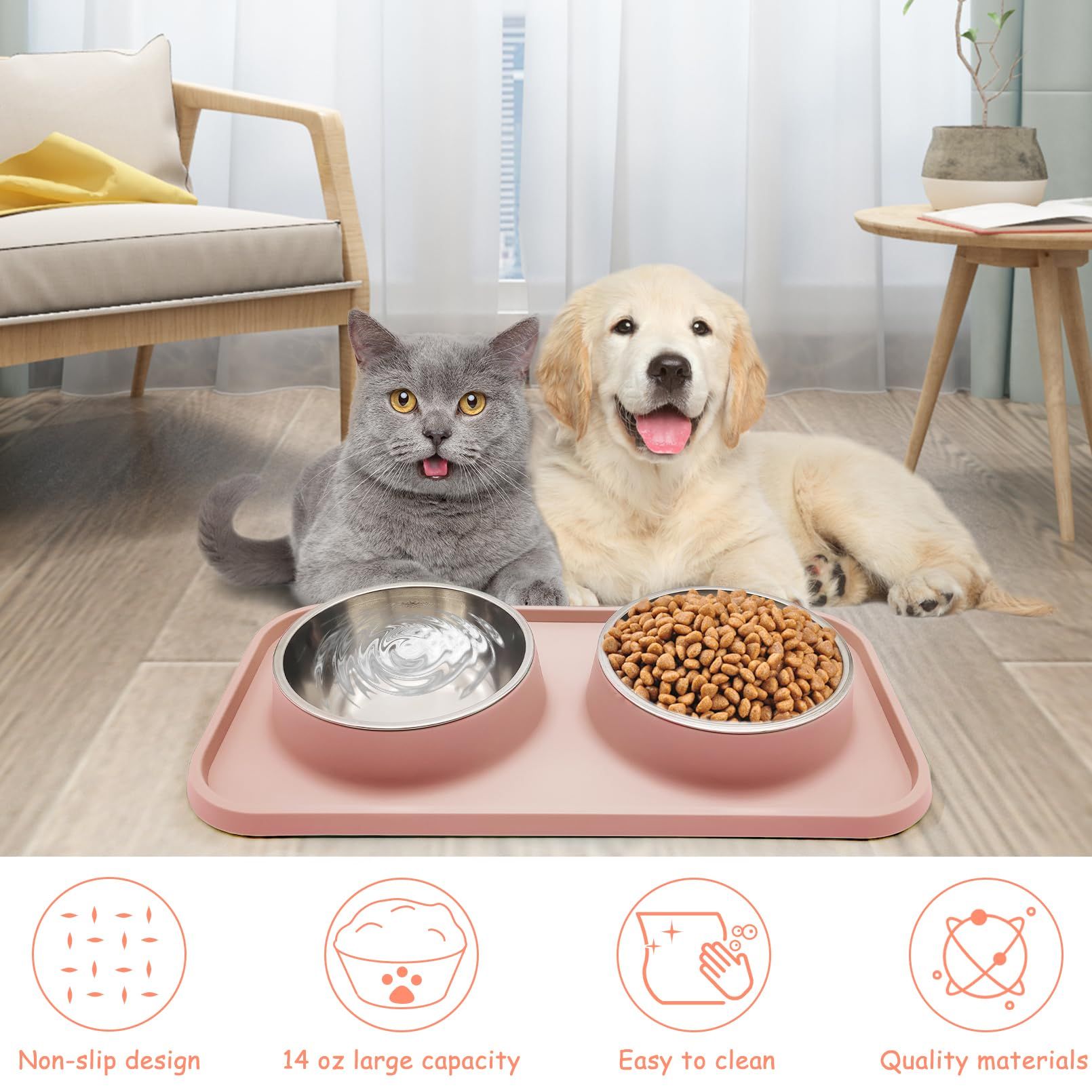 Double Dog Food Bowls Stainless Steel Dog Food and Water Bowls with Non-Spill view 2