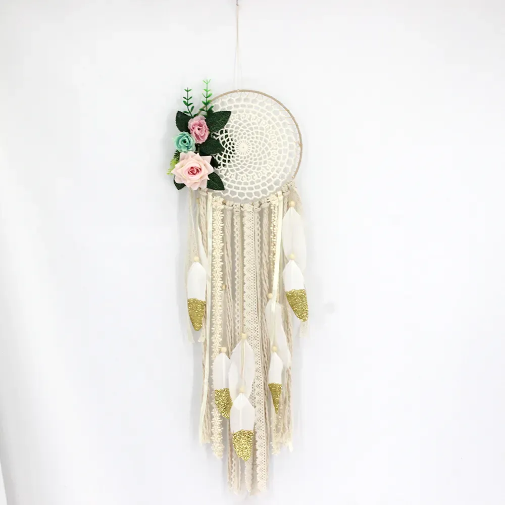 Large Boho Dream Catcher with Glitter Gold Feather Wall Hanging for Vintage