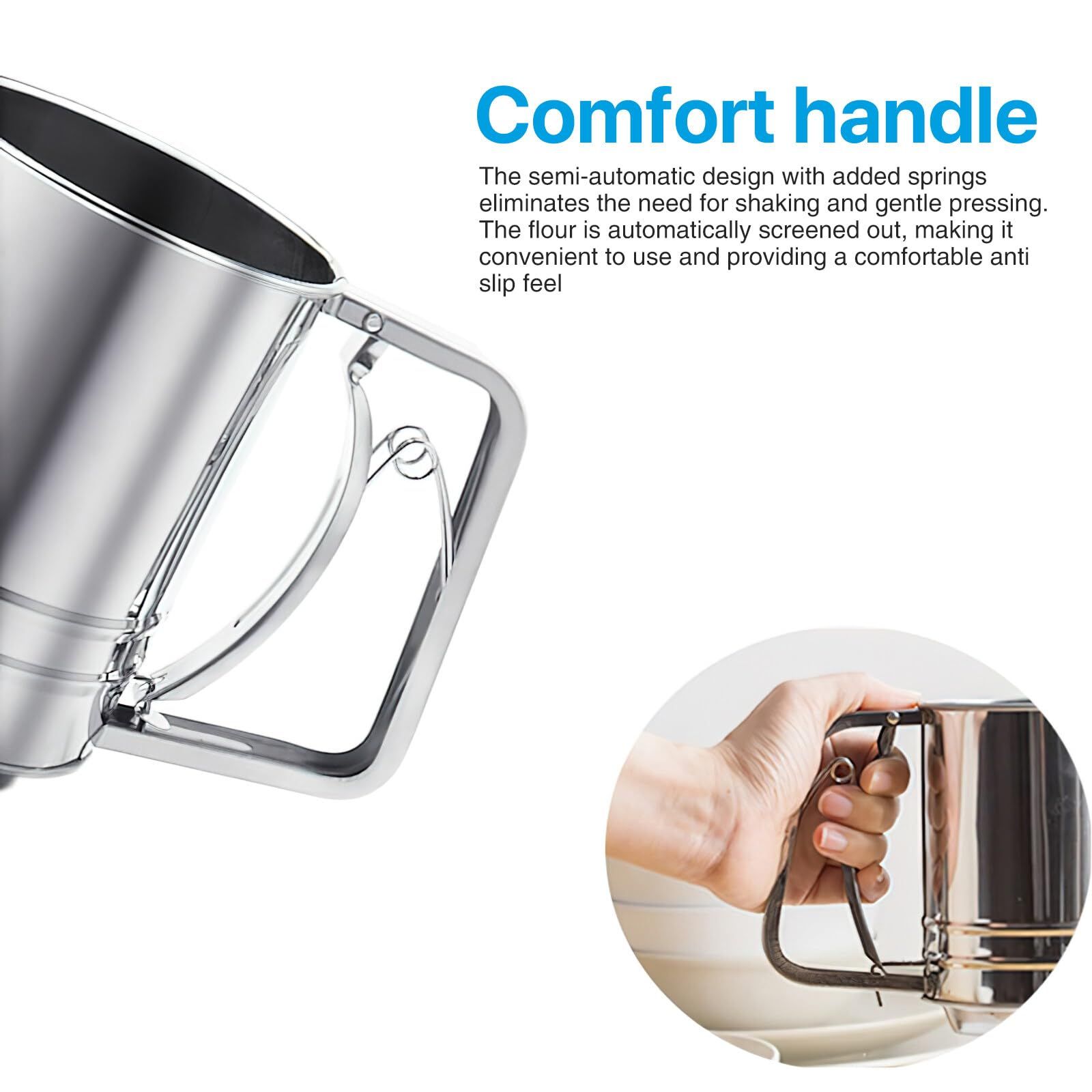 Baking flour sieve, 304 stainless steel 3-cup flour sieve, fine mesh sieve view 3