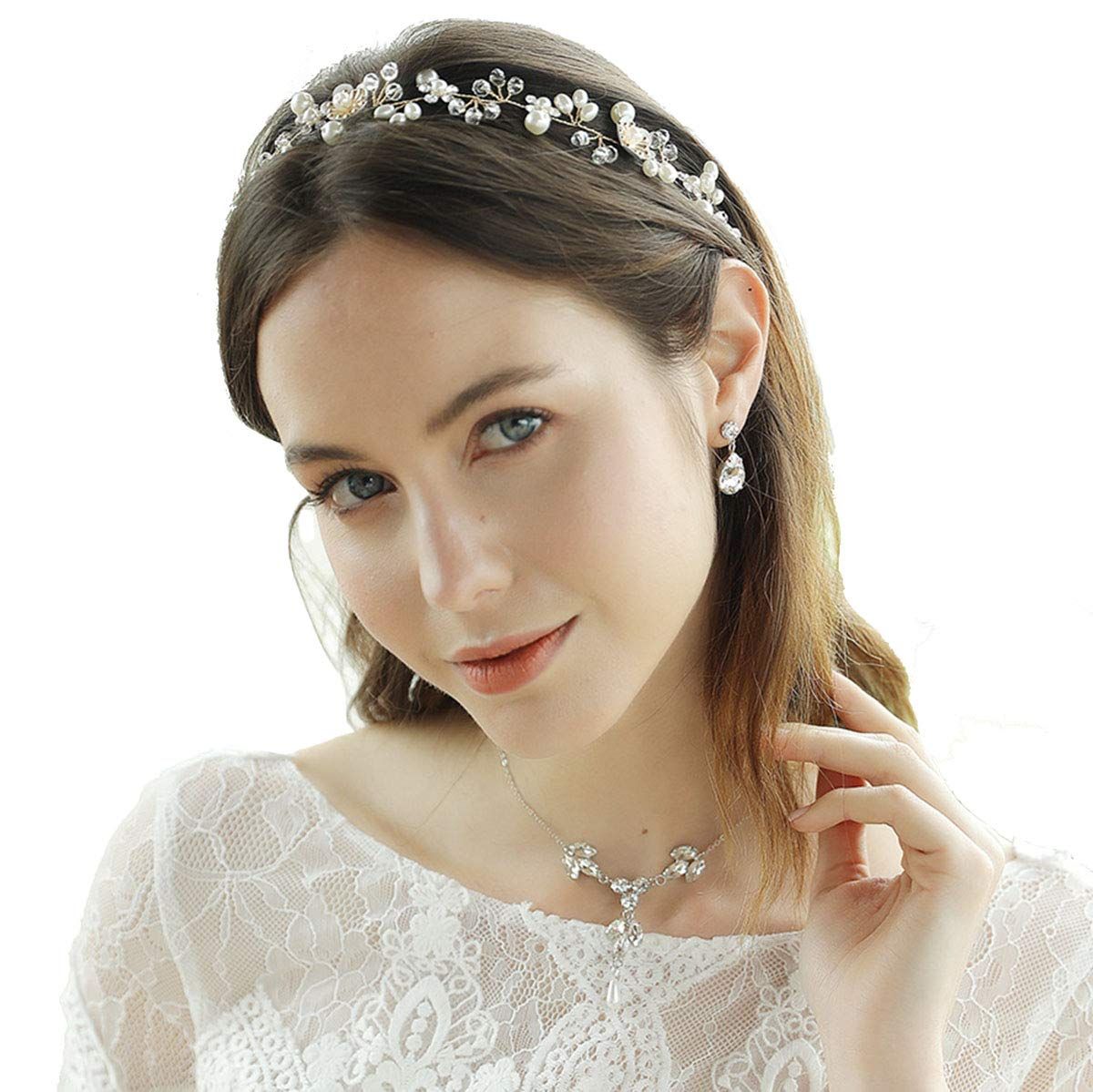 Bridal Hair Vines Crystal Pearls Flower Wedding Hair Accessories Evening Party view 5