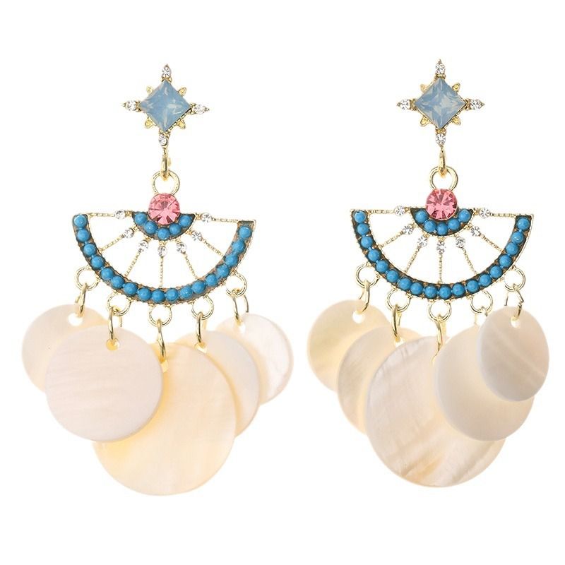 Bohemian style natural shell round piece silver needle earrings — image 1
