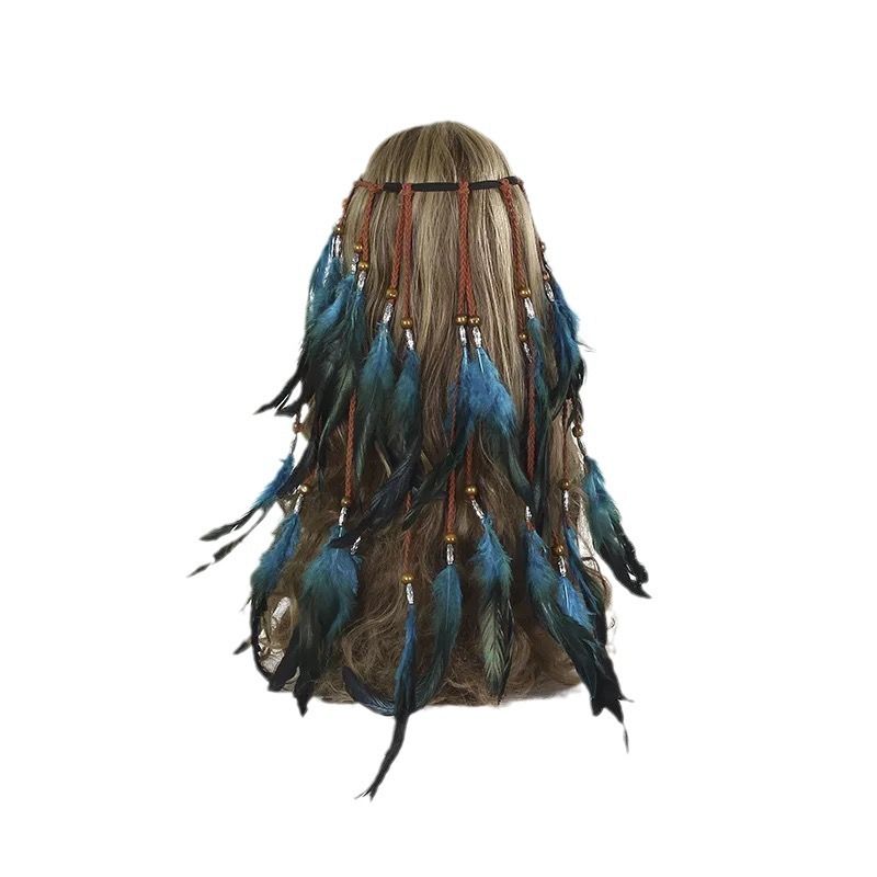 Bohemian Feather Headband Gypsy Indian Headdress Elastic Hippie Feather