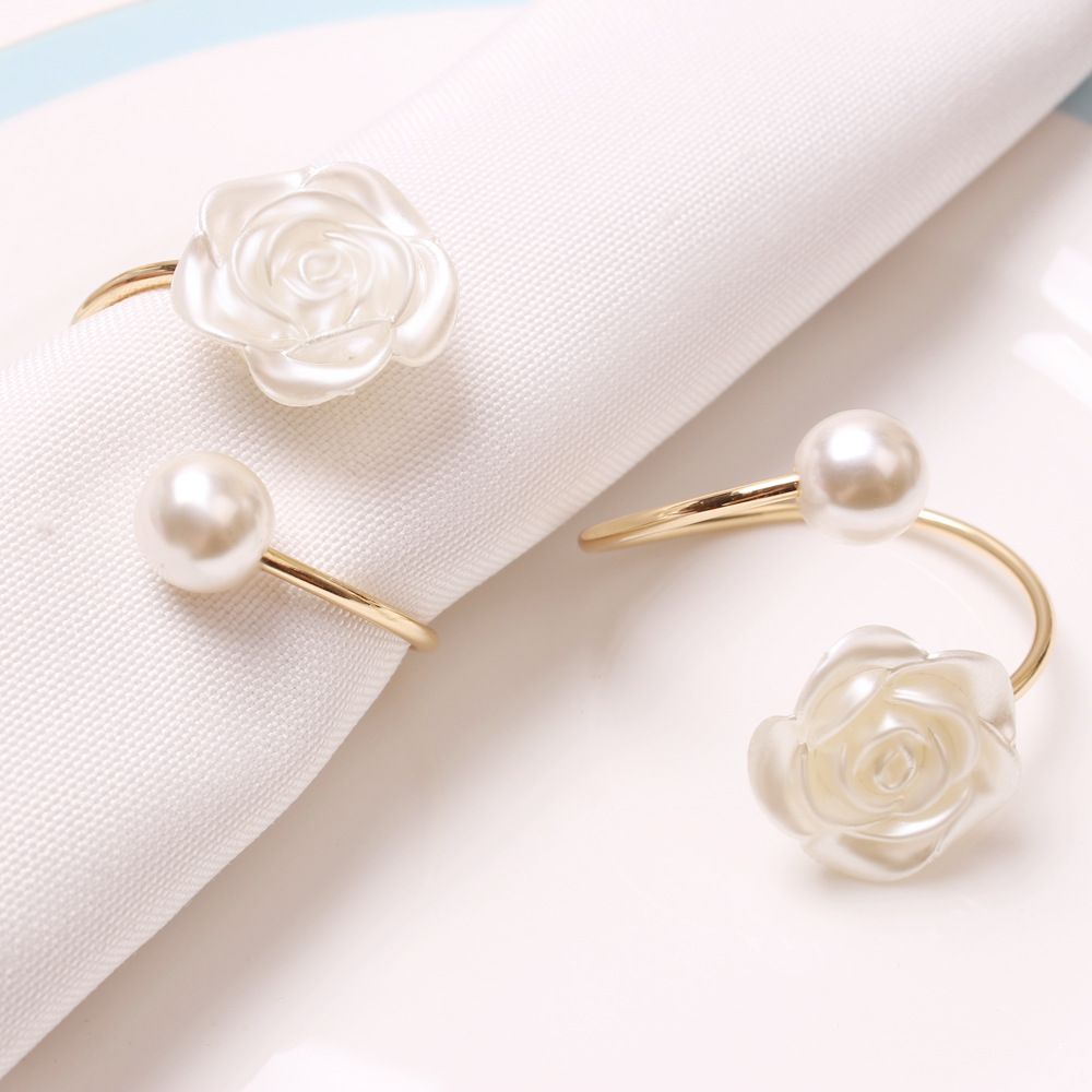12Pcs Napkin Rings Pearl Napkin Holder Rose Napkin Buckles for Wedding Banquet view 2