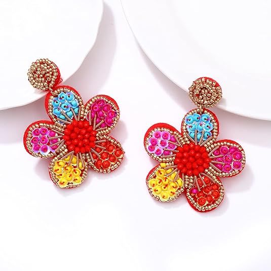 color Beaded Drop Earrings Statement Colorful Beaded Flower Earrings Handmade view 4