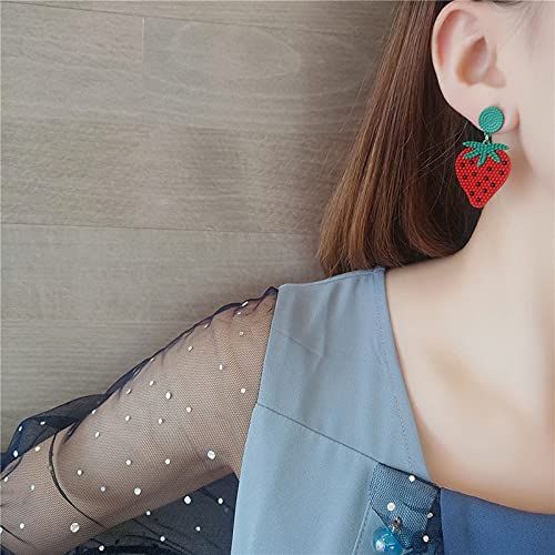Cute Red Strawberry Watermelon Fruit Drop Earrings Bohemian Beaded Dangle view 2