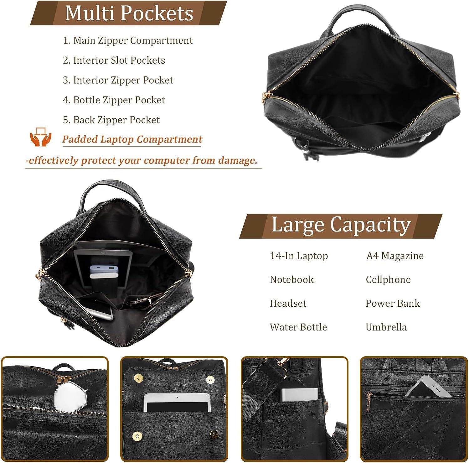 Black Backpack Purse for Women Fashion Multipurpose Design Convertible Satchel view 2