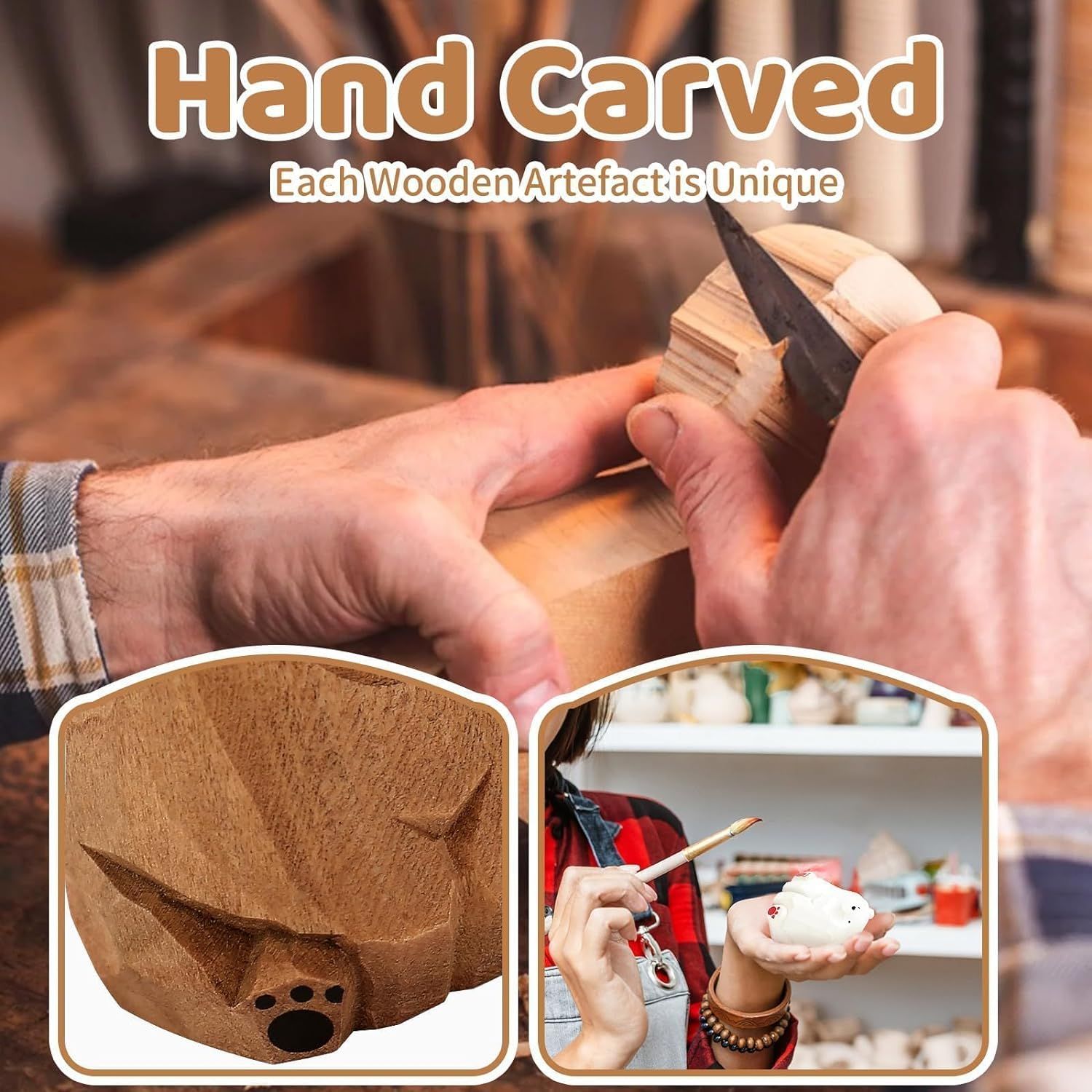 3pcs Miniature Bear Statues Funny Wooden Bear Figurines Home Decor Rustic view 4