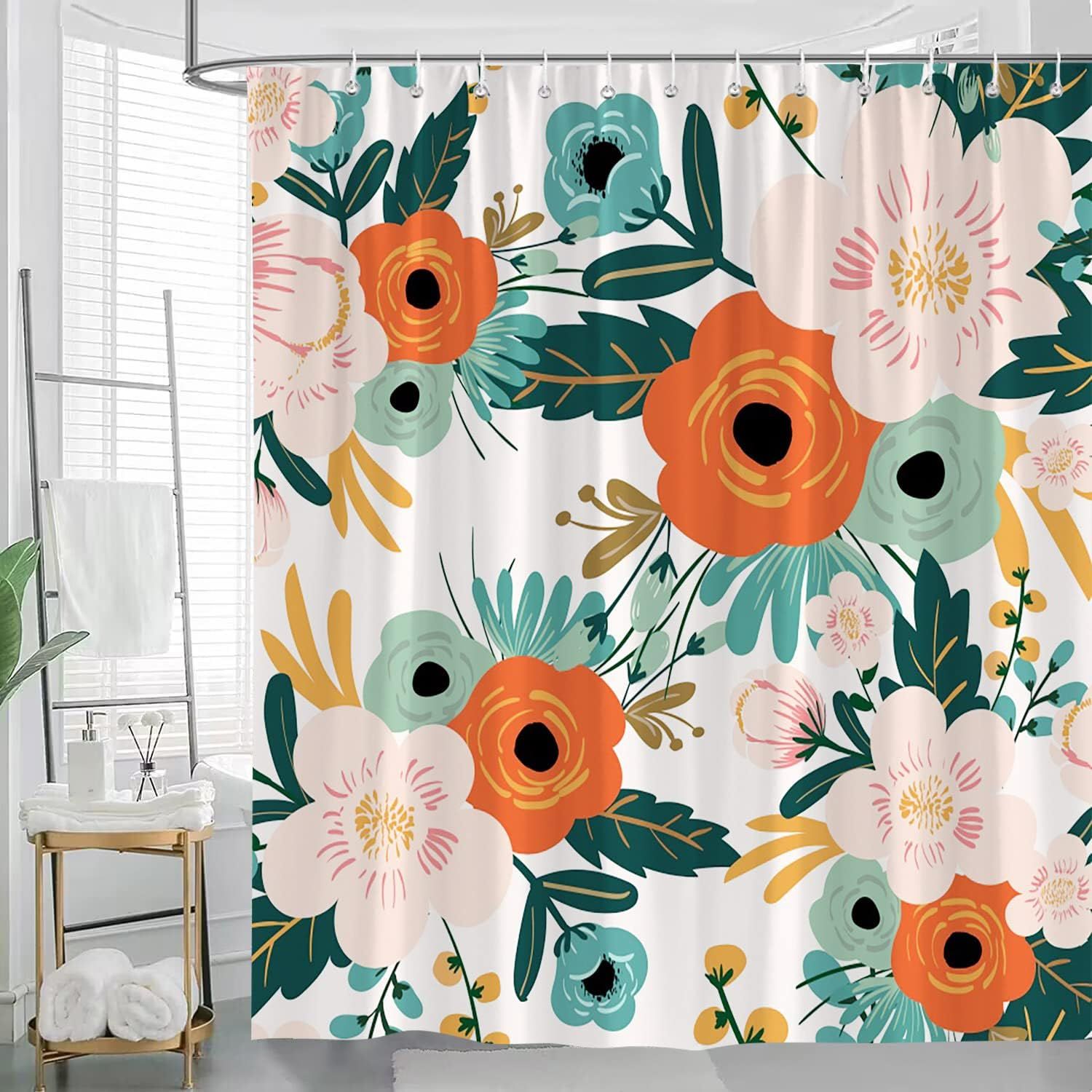 Colorful Floral Shower Curtain Watercolor Spring Red Flower Green Leaves Boho