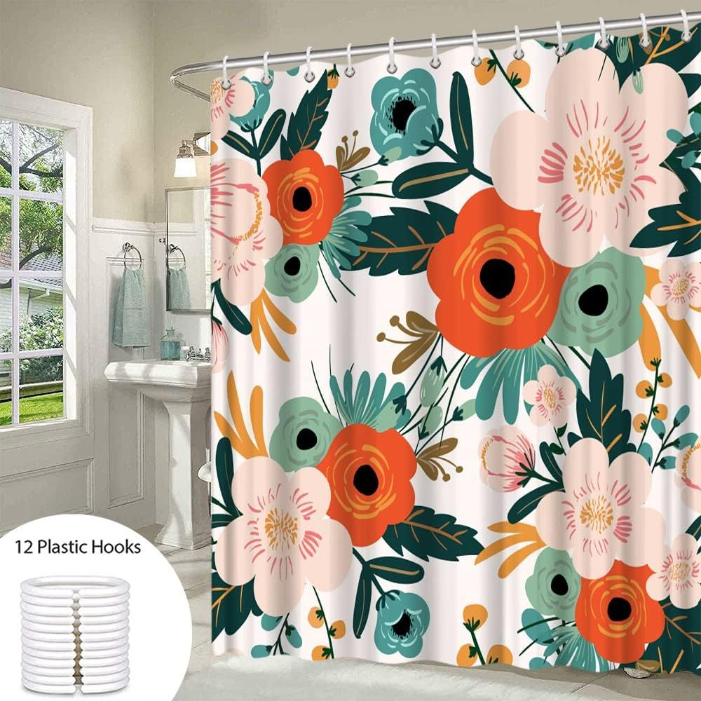 Colorful Floral Shower Curtain Watercolor Spring Red Flower Green Leaves Boho view 2