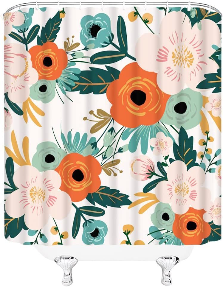 Colorful Floral Shower Curtain Watercolor Spring Red Flower Green Leaves Boho view 3