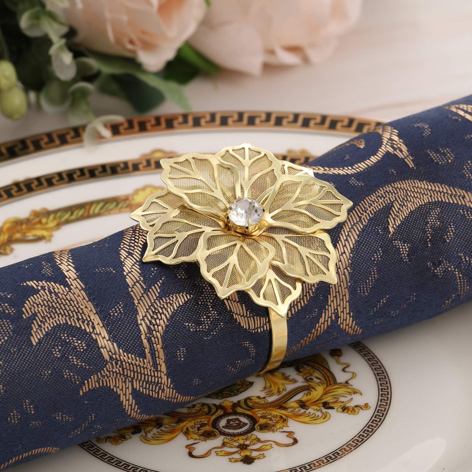24 Pack Hollow Out Flower Napkin Rings Alloy Floral Rhinestone Napkin Holder view 2