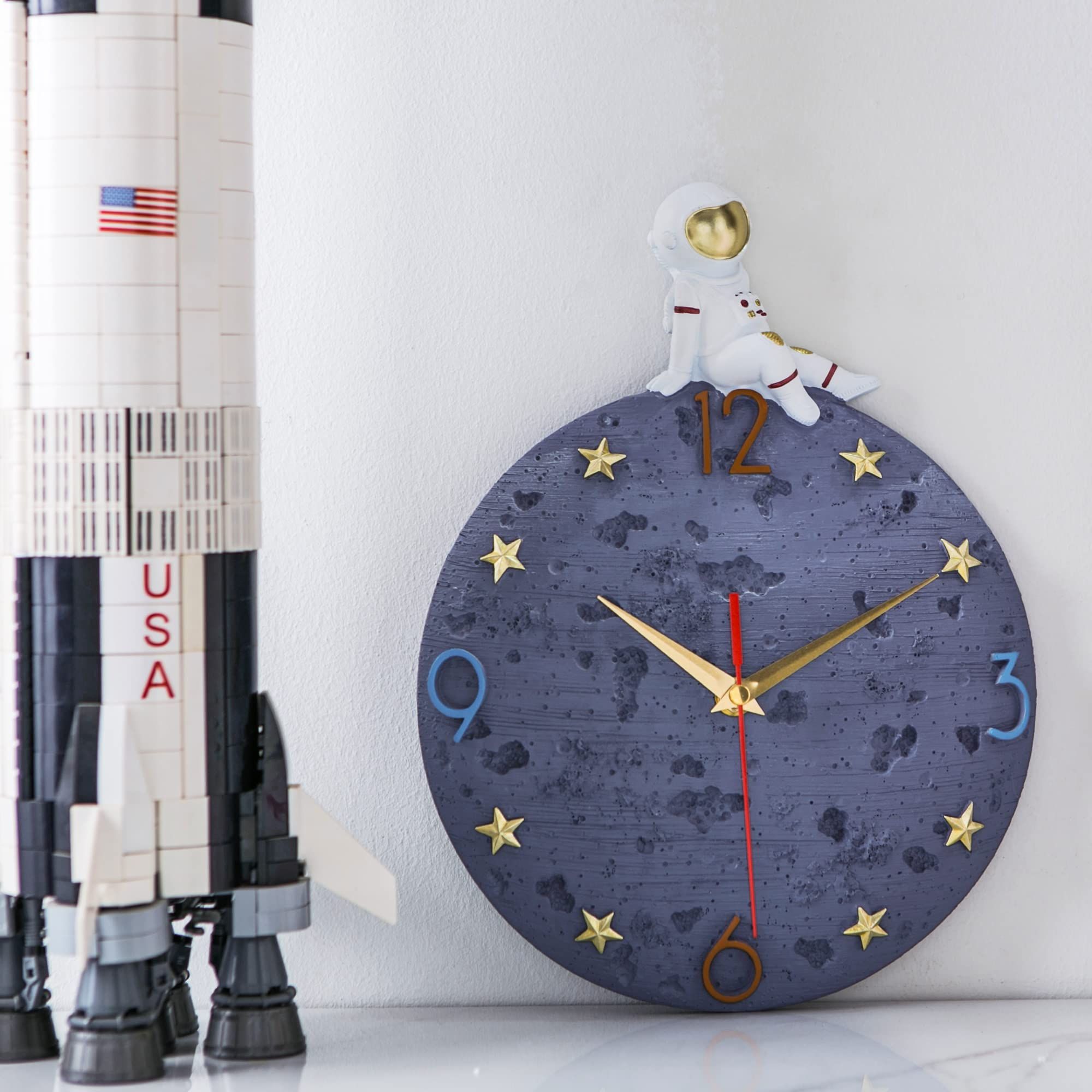 Space Theme Wall Clock, Astronaut Moon Wall Clock, 12 Inch Grey Modern Silent view 2