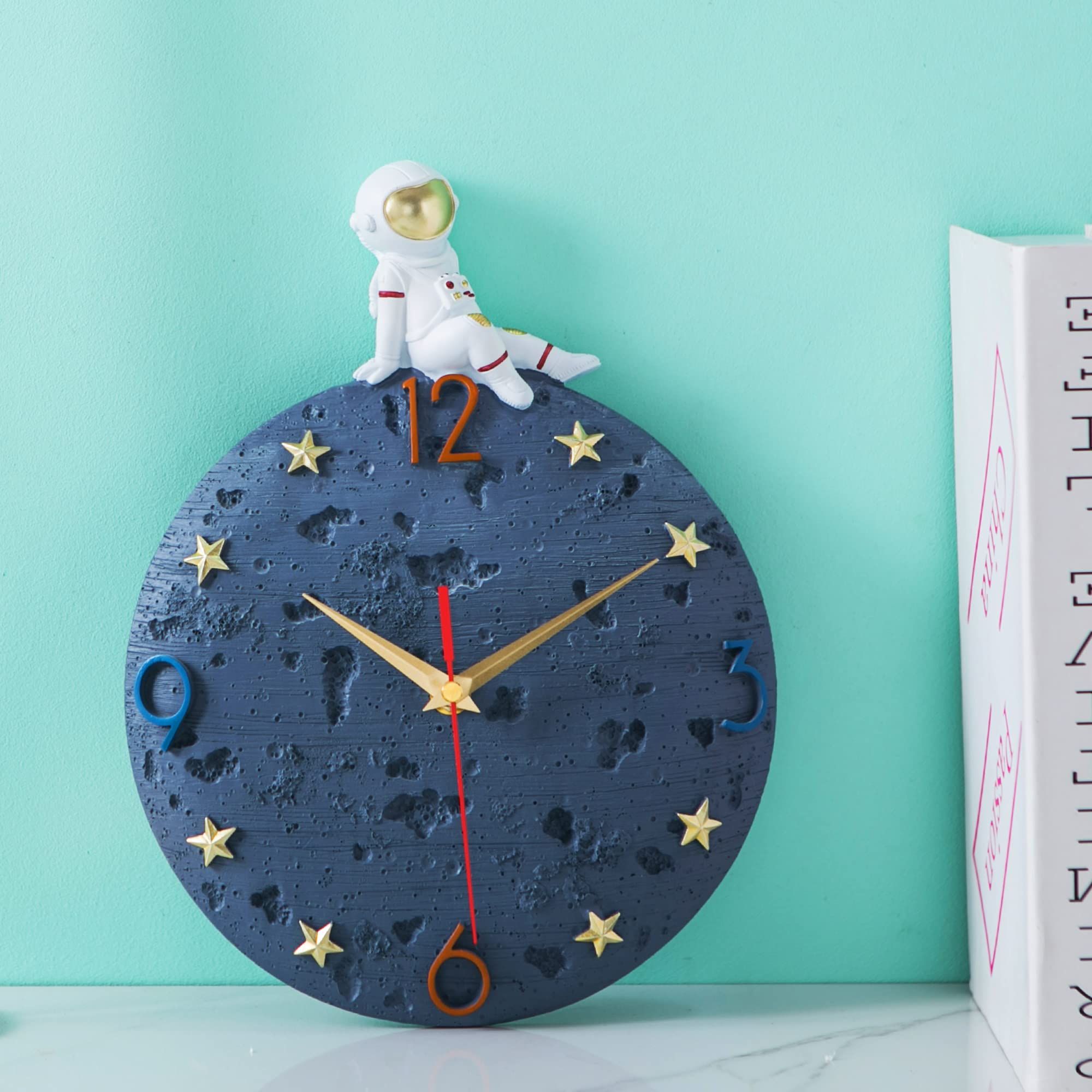 Space Theme Wall Clock, Astronaut Moon Wall Clock, 12 Inch Grey Modern Silent view 3