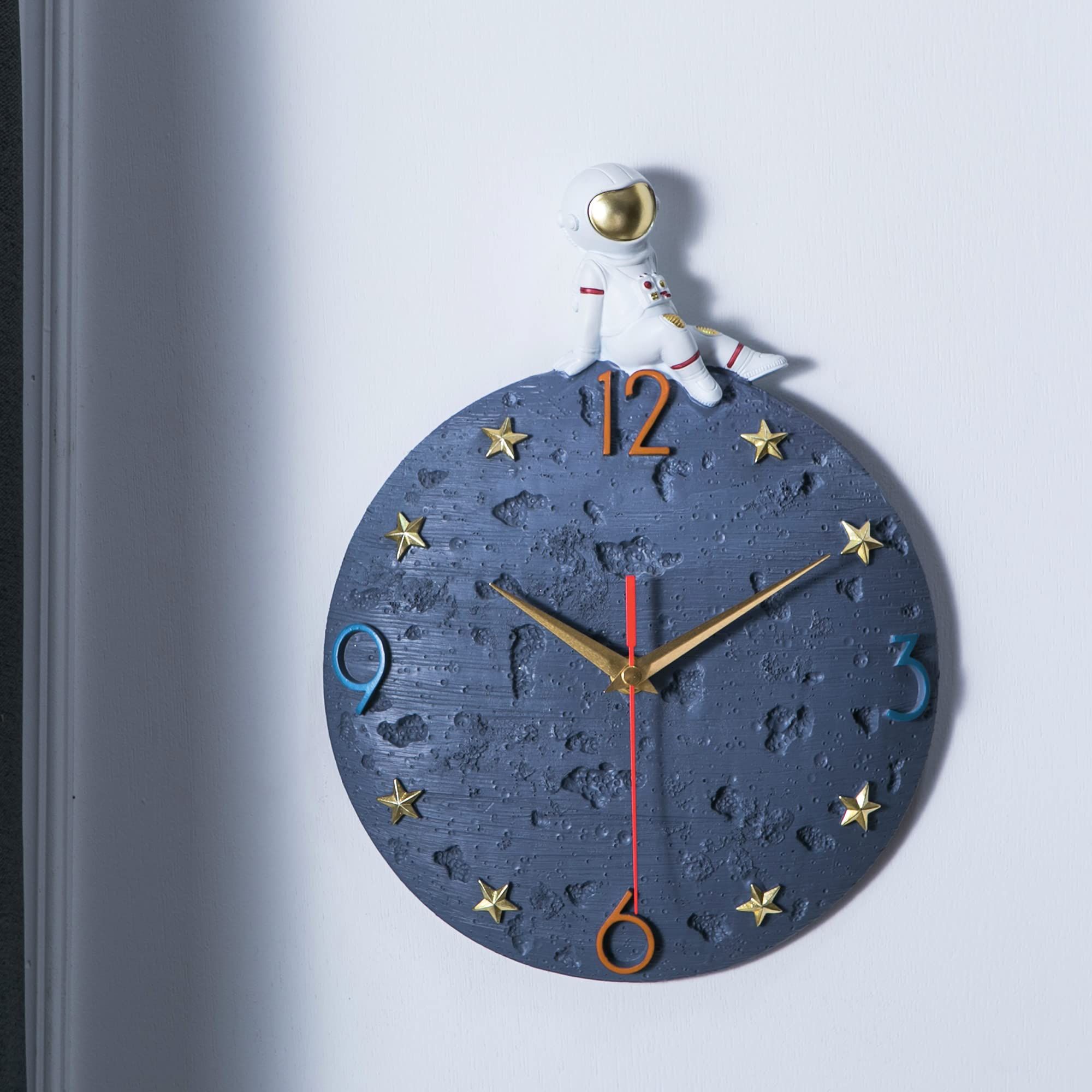 Space Theme Wall Clock, Astronaut Moon Wall Clock, 12 Inch Grey Modern Silent view 4