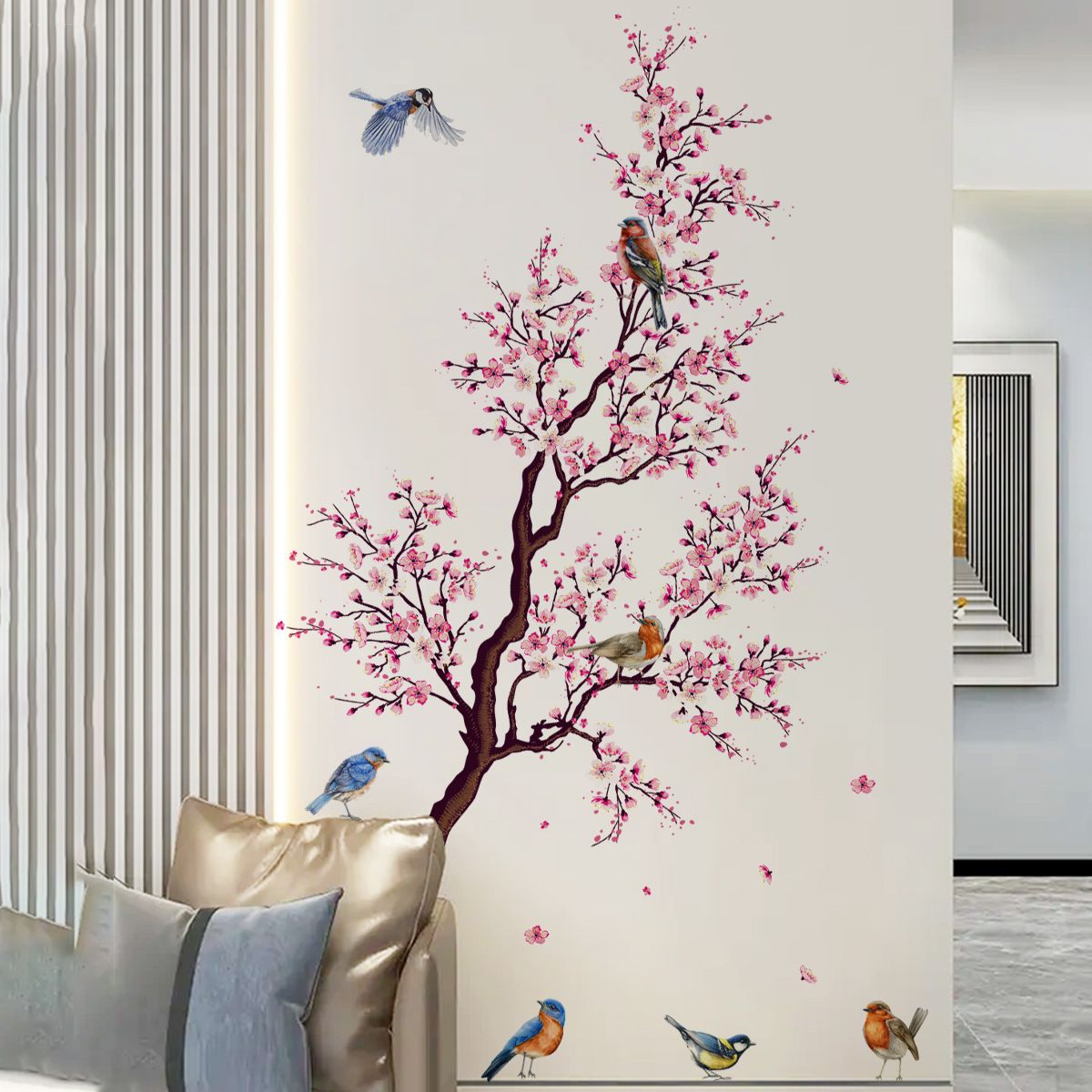 Cherry Blossom Wall Art Decals Bird Branch Floral Wall Stickers for Living view 2